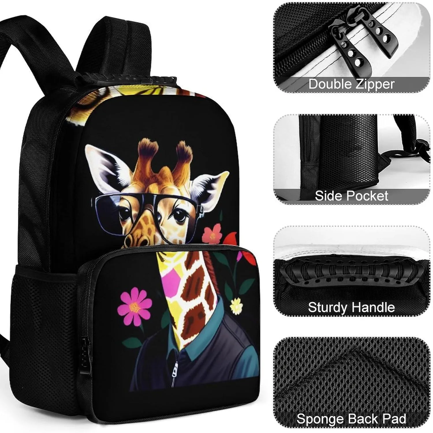 Giraffe Wear Glasses Art Backpack Polyester Anti-Theft Multipurpose Bookbag Large Capacity Laptop Book Bag Rucksack With Side Pockets