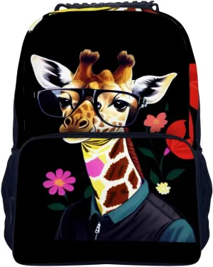 Giraffe Wear Glasses Art Backpack Polyester Anti-Theft Multipurpose Bookbag Large Capacity Laptop Book Bag Rucksack With Side Pockets
