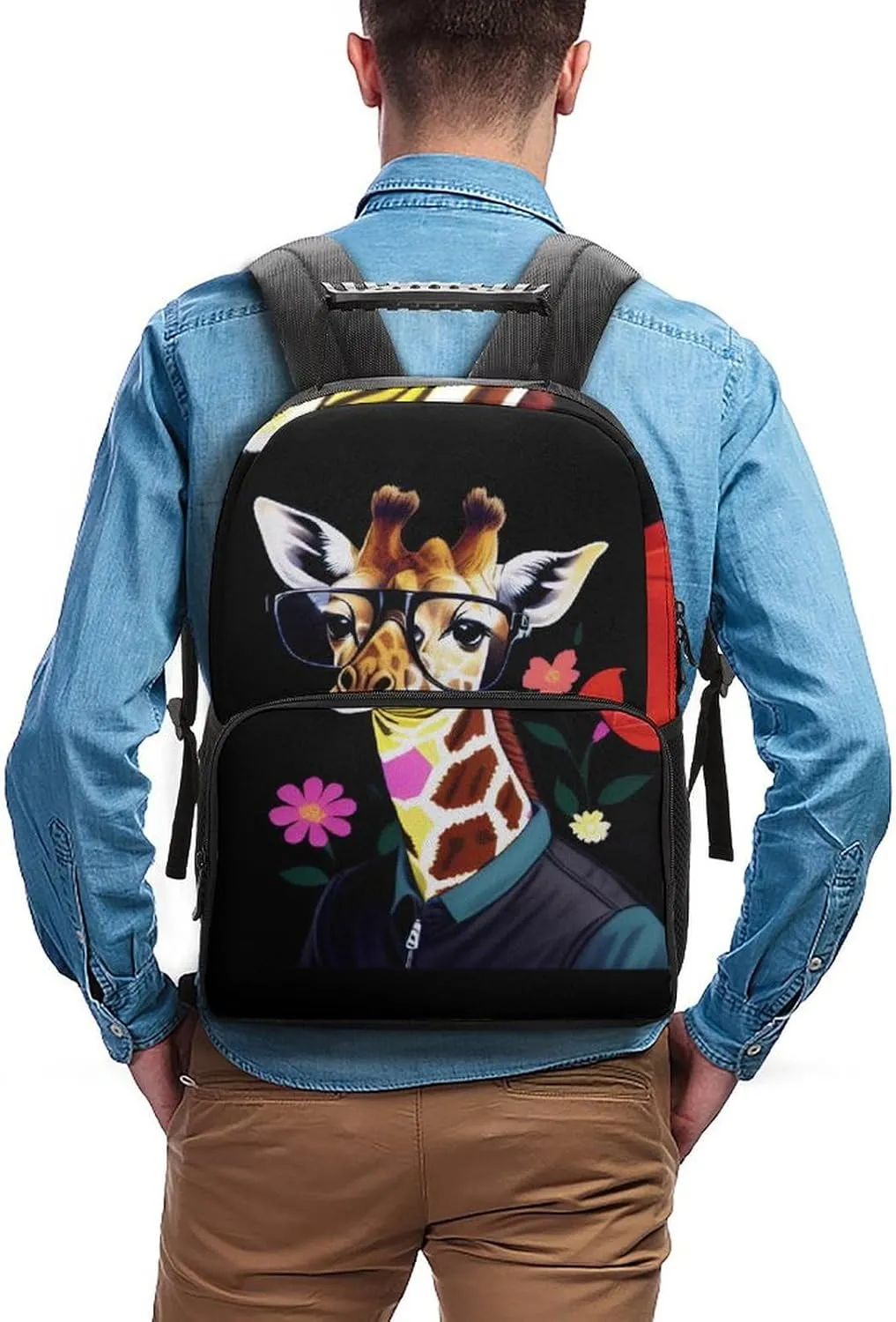 Giraffe Wear Glasses Art Backpack Polyester Anti-Theft Multipurpose Bookbag Large Capacity Laptop Book Bag Rucksack With Side Pockets