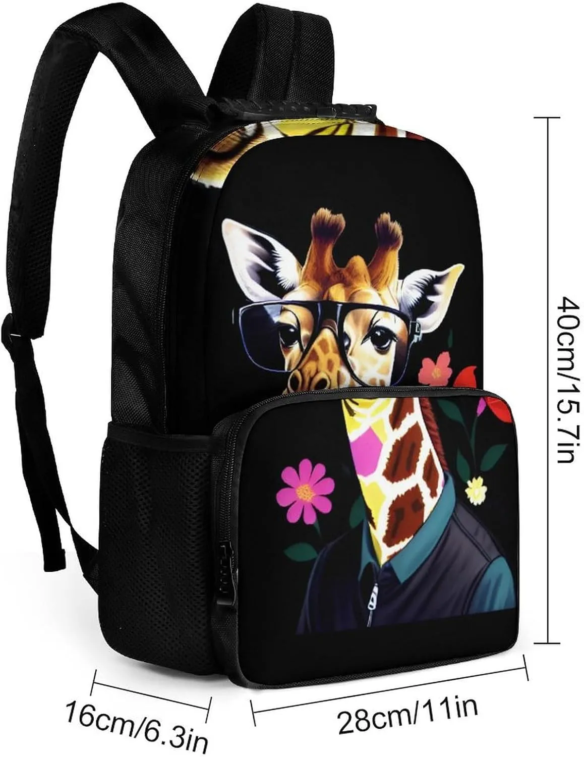 Giraffe Wear Glasses Art Backpack Polyester Anti-Theft Multipurpose Bookbag Large Capacity Laptop Book Bag Rucksack With Side Pockets