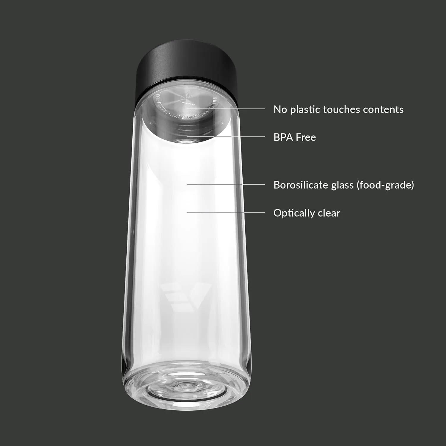 Glass Water Bottle 20oz - Non-insulated | Borosilicate Glass | Dishwasher Safe | No Plastic Touches Contents | A pure drinking experience - Black