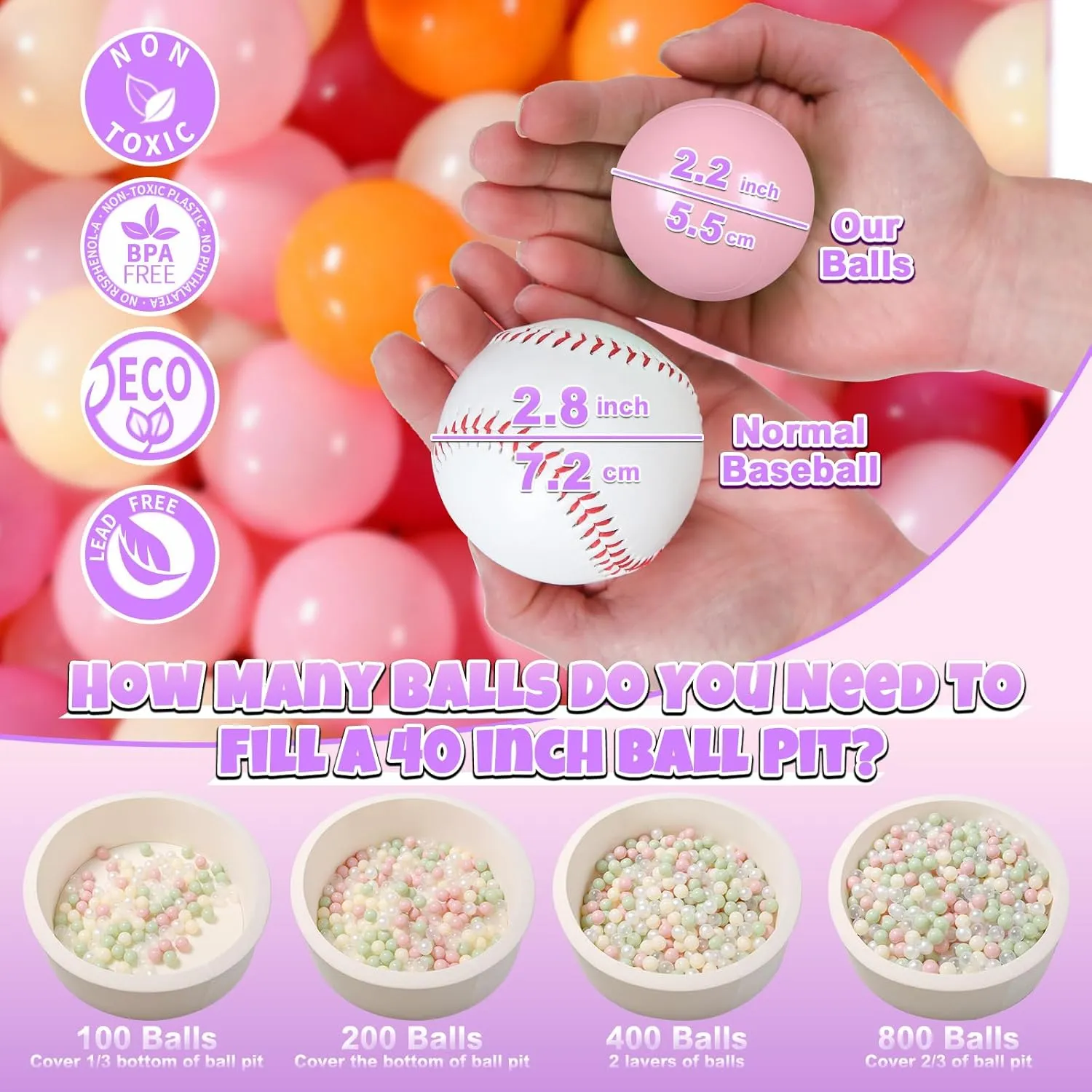 GOGOSO Ball Pit Balls for Toddler, Baby Plastic Playballs Kids Soft Pastel Pelotas Non-Toxic BPA-Free 3pink Orange Yellow, 500 Balls
