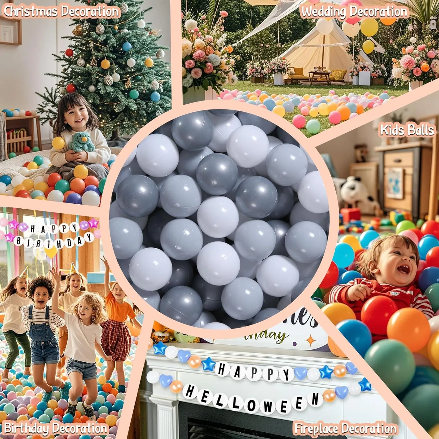 GOGOSO Ball Pit Balls for Toddler, Baby Plastic Playballs Kids Soft Pastel Pelotas Non-Toxic BPA-Free Gray Pearl Gary  White, 100 Balls