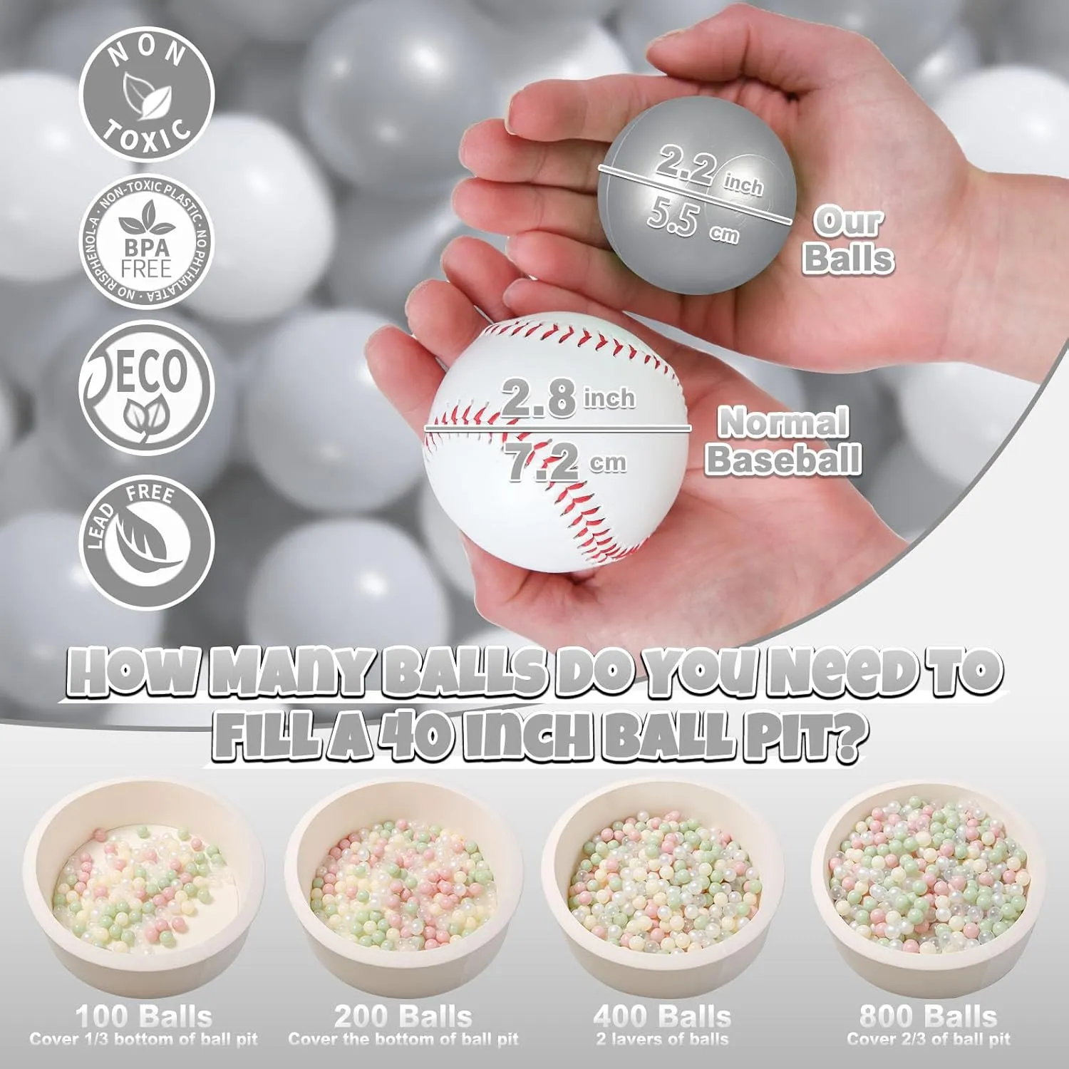 GOGOSO Ball Pit Balls for Toddler, Baby Plastic Playballs Kids Soft Pastel Pelotas Non-Toxic BPA-Free Gray Pearl Gary  White, 100 Balls
