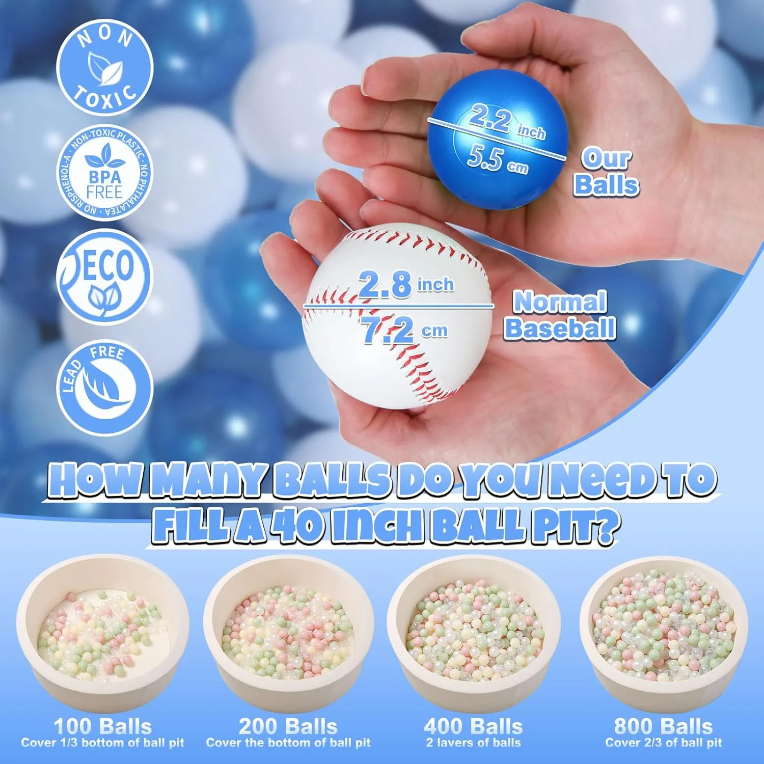 GOGOSO Ball Pit Balls for Toddler, Baby Plastic Playballs Kids Soft Pastel Pelotas Non-Toxic BPA-Free Pearl Blue Light Blue White 100 Balls