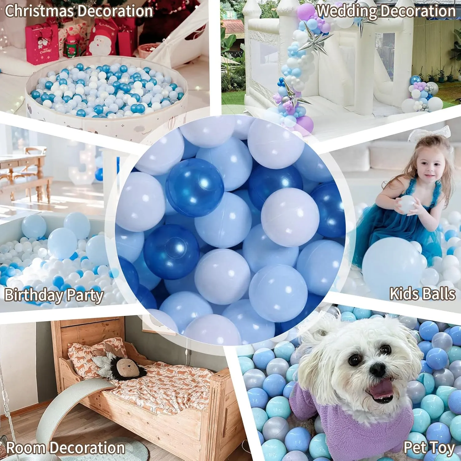 GOGOSO Ball Pit Balls for Toddler, Baby Plastic Playballs Kids Soft Pastel Pelotas Non-Toxic BPA-Free Pearl Blue Light Blue White 100 Balls