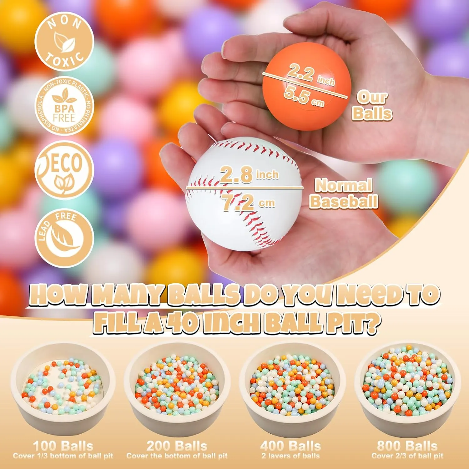 GOGOSO Cream Ball Pit Balls 100 Balls, 2.2 Inch Ball Pool Balls for Baby Fun Toys, Different Shaped for Toddler Ball Pit, Boys Girl Kids Birthday, Tent,Slides