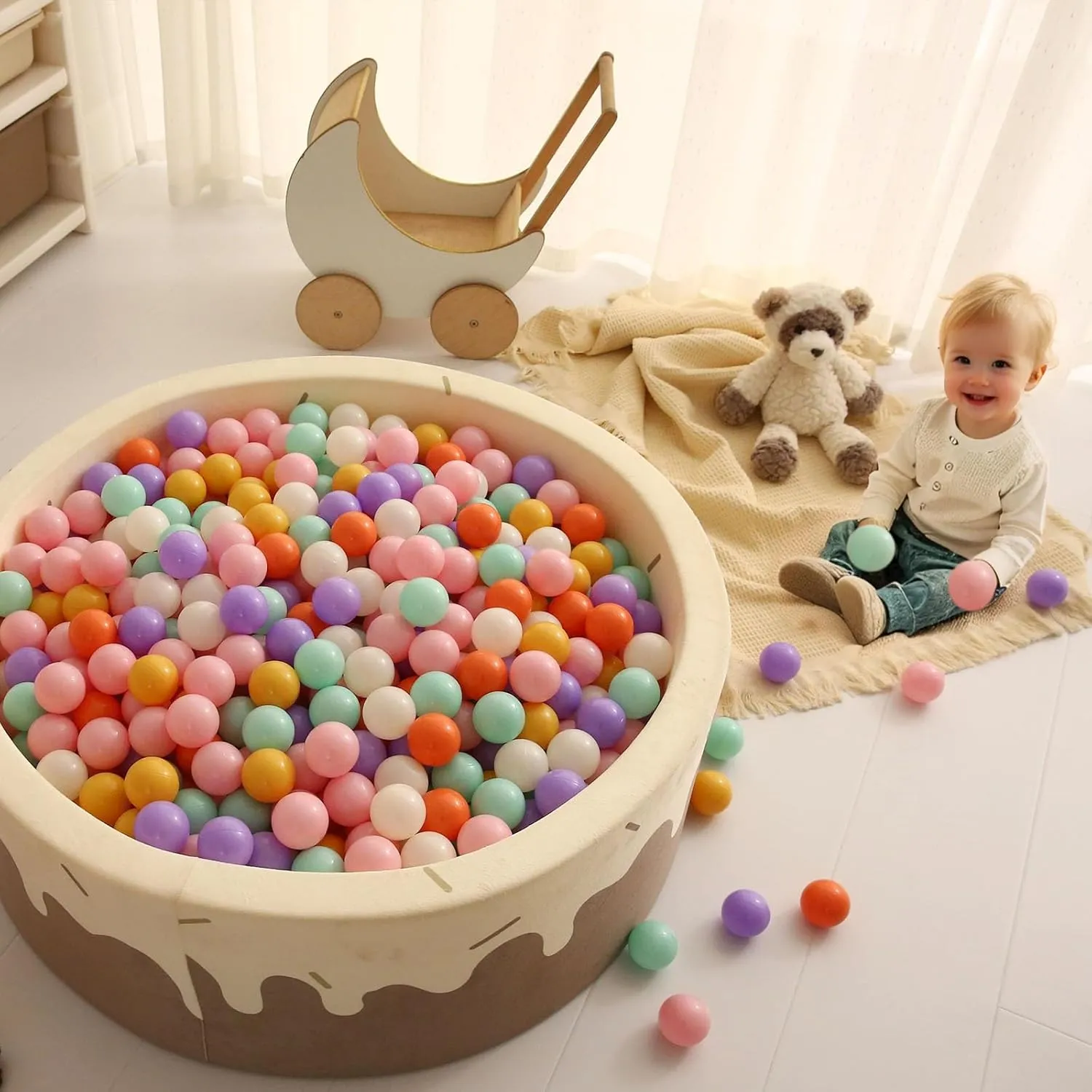 GOGOSO Cream Ball Pit Balls 100 Balls, 2.2 Inch Ball Pool Balls for Baby Fun Toys, Different Shaped for Toddler Ball Pit, Boys Girl Kids Birthday, Tent,Slides