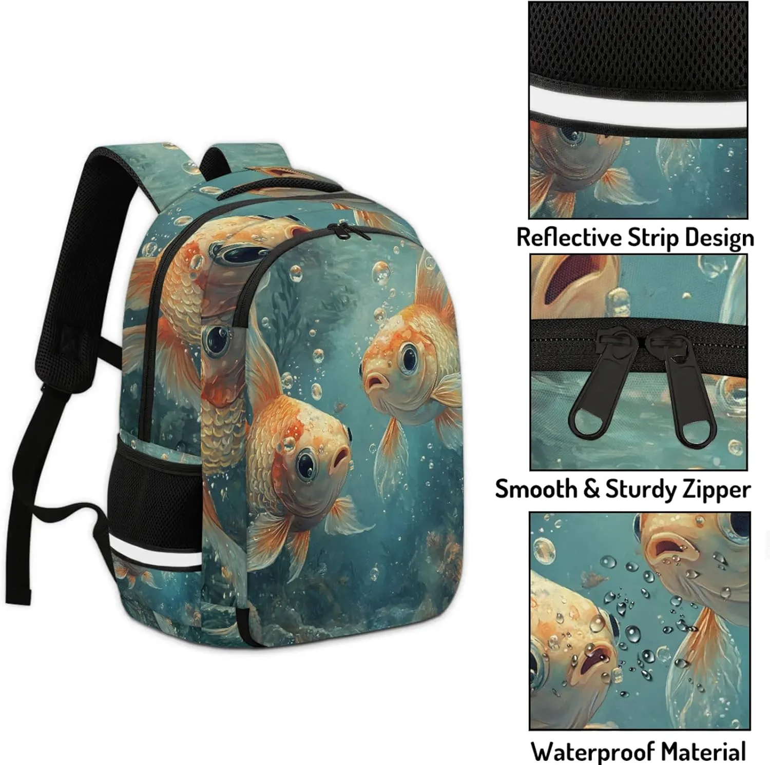 Gold fish Travel Backpack Ocean Fishes Animal Waterproof Laptop Shoulder Bag with Adjustable Strap Casual Hiking Gym Travel Daypack