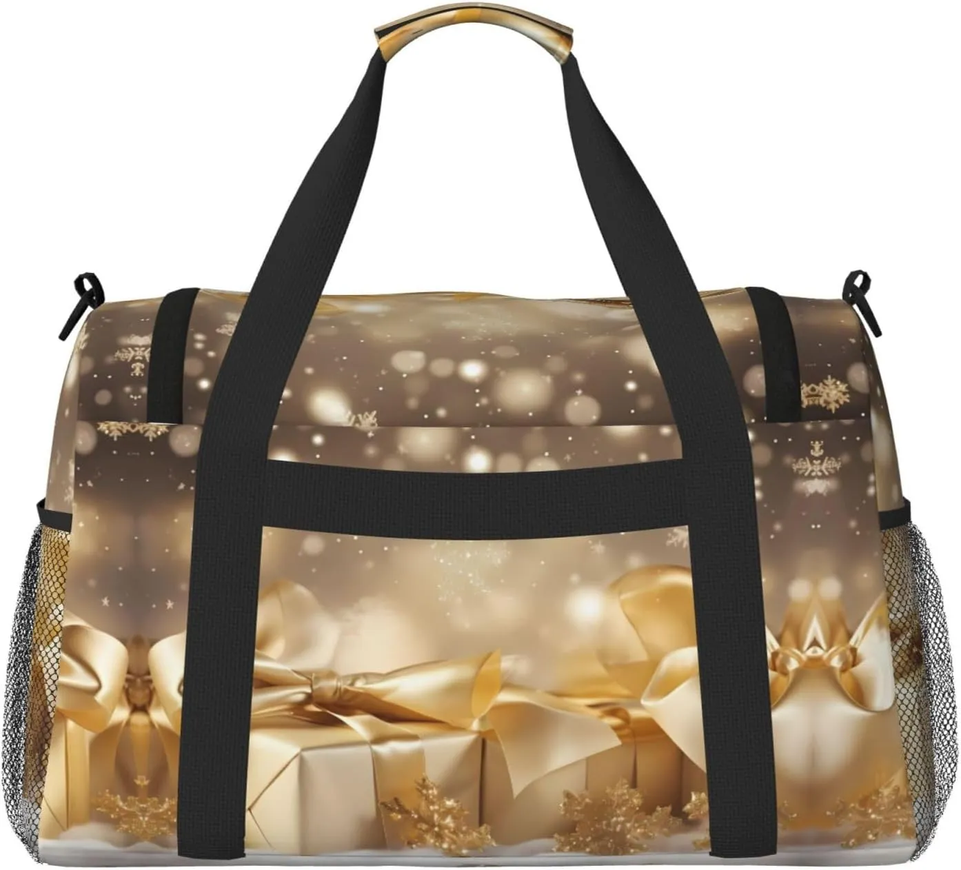 Gold Silk Christmas Print Hand Travel Bag Large Capacity Slung Bag For Long-Distance Travel, Weekend Trips, And Outdoor Activities