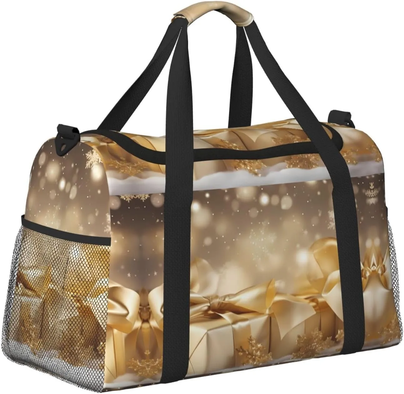 Gold Silk Christmas Print Hand Travel Bag Large Capacity Slung Bag For Long-Distance Travel, Weekend Trips, And Outdoor Activities