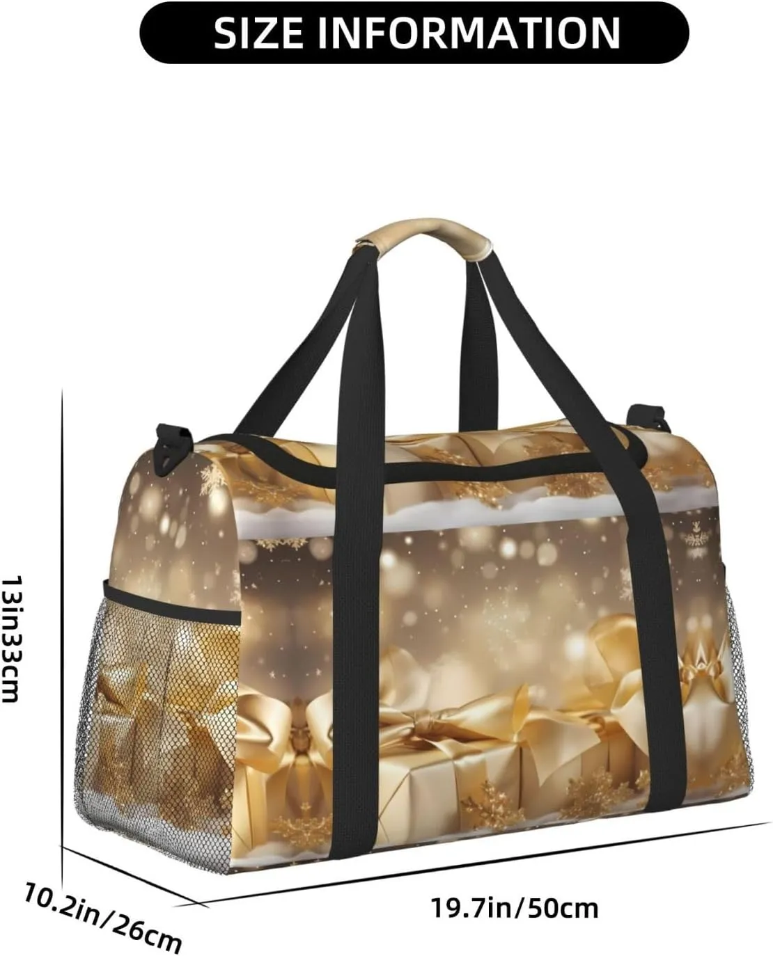 Gold Silk Christmas Print Hand Travel Bag Large Capacity Slung Bag For Long-Distance Travel, Weekend Trips, And Outdoor Activities