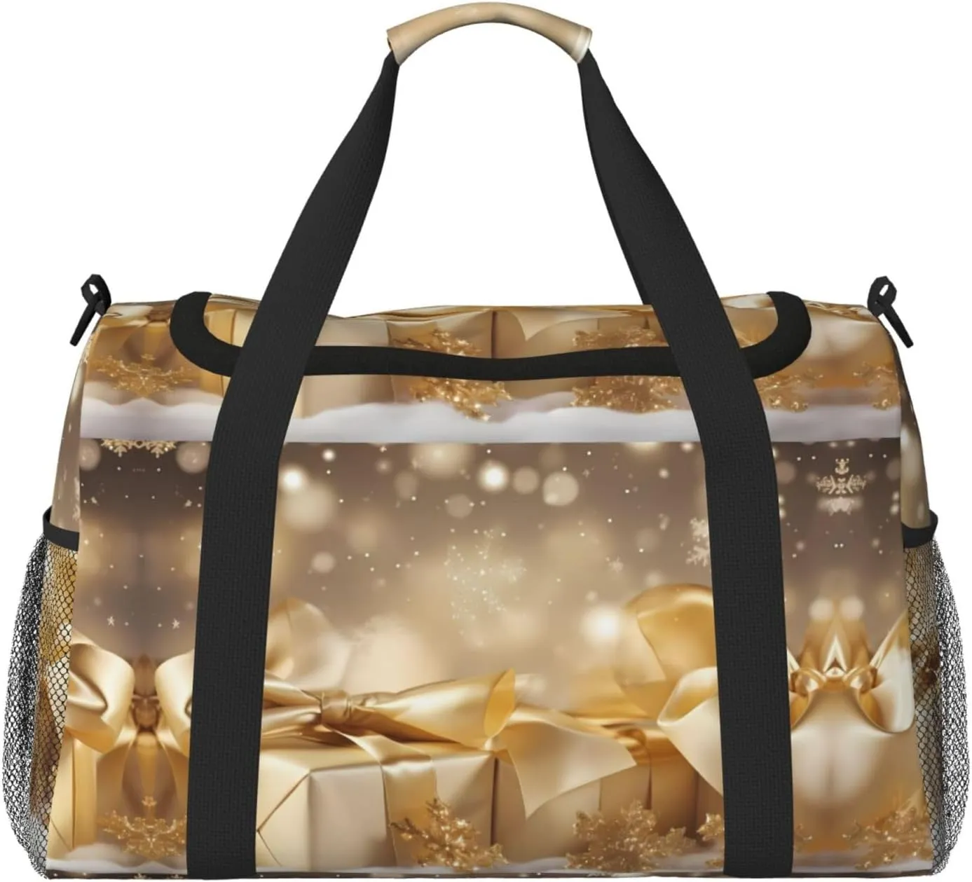 Gold Silk Christmas Print Hand Travel Bag Large Capacity Slung Bag For Long-Distance Travel, Weekend Trips, And Outdoor Activities