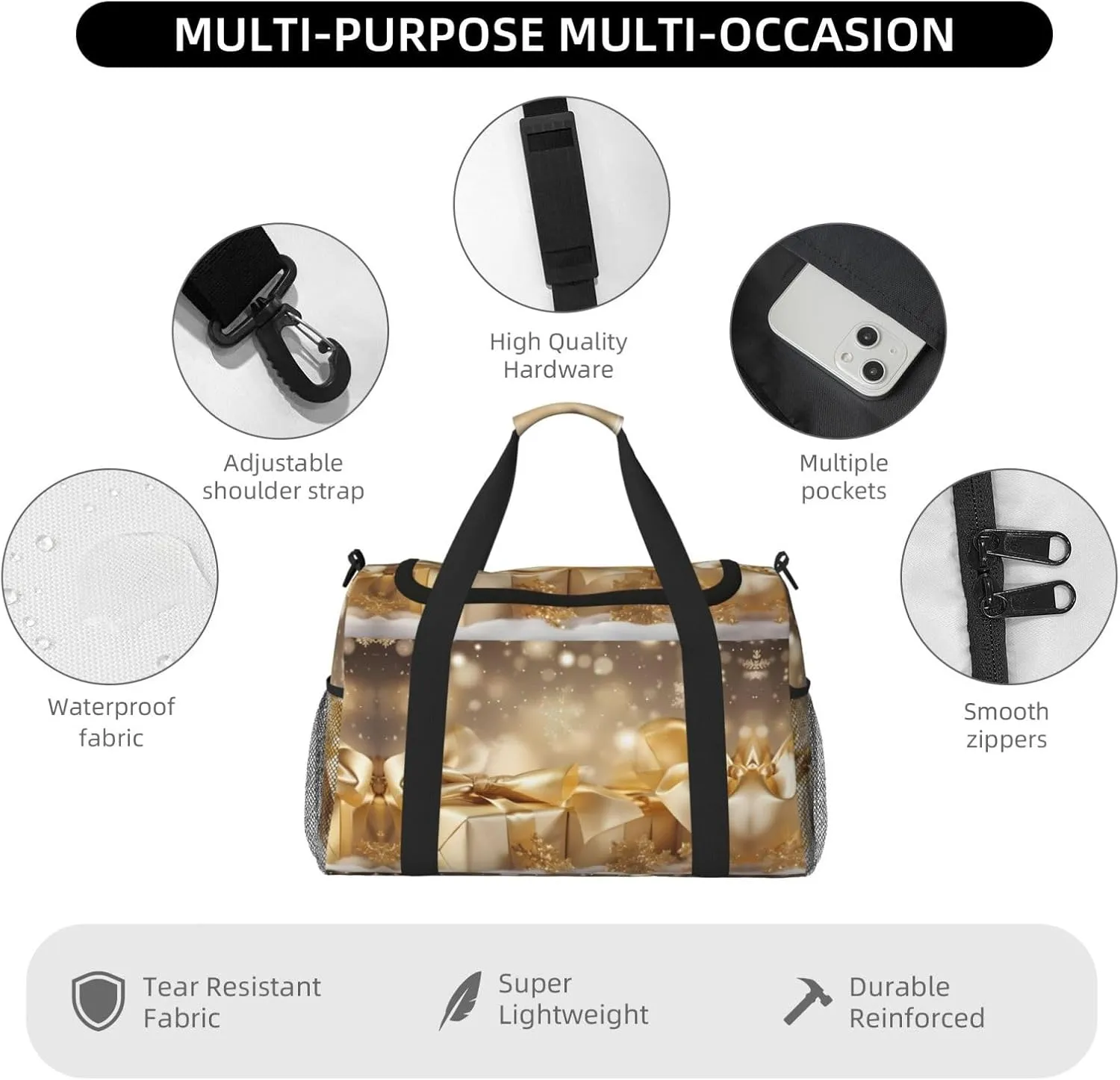 Gold Silk Christmas Print Hand Travel Bag Large Capacity Slung Bag For Long-Distance Travel, Weekend Trips, And Outdoor Activities