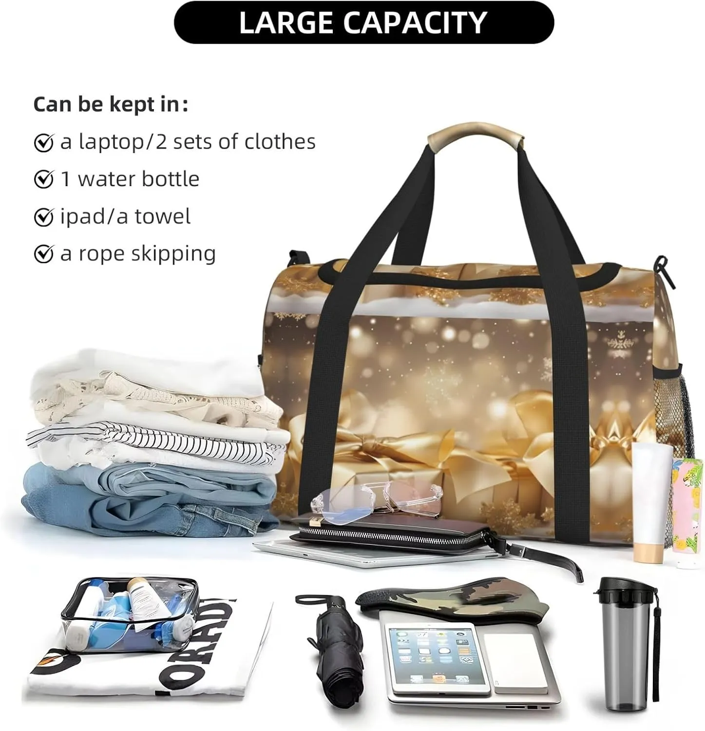 Gold Silk Christmas Print Hand Travel Bag Large Capacity Slung Bag For Long-Distance Travel, Weekend Trips, And Outdoor Activities