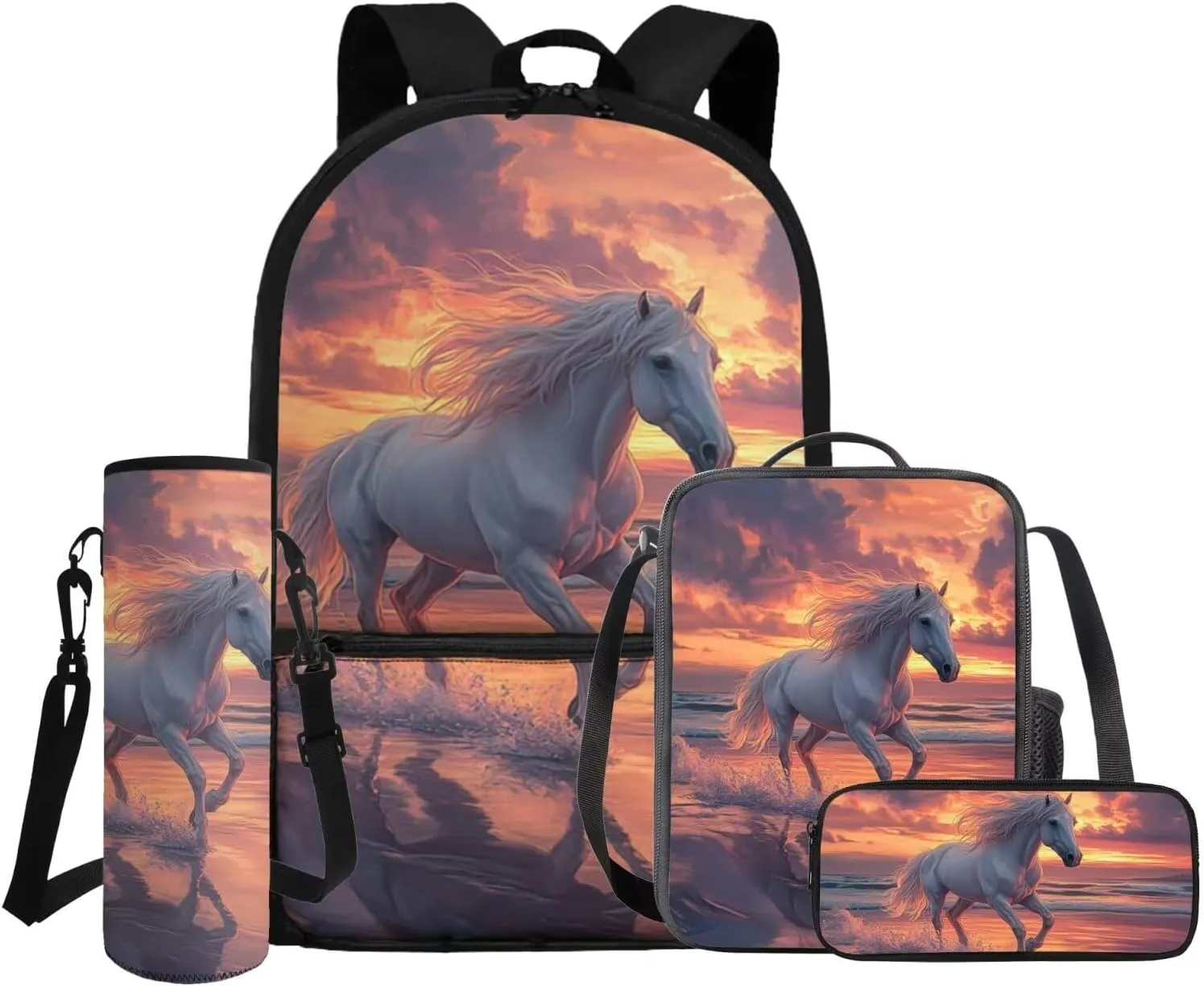 Gomyblomy Beach Horse Backpack for Girls 10-12 12-14 Large Capacity Bookbag for Girls with Lunch Box Pencil Case Water Bottle Sleeve 4 in1 Set for Elementary Middle School Bags for Teens