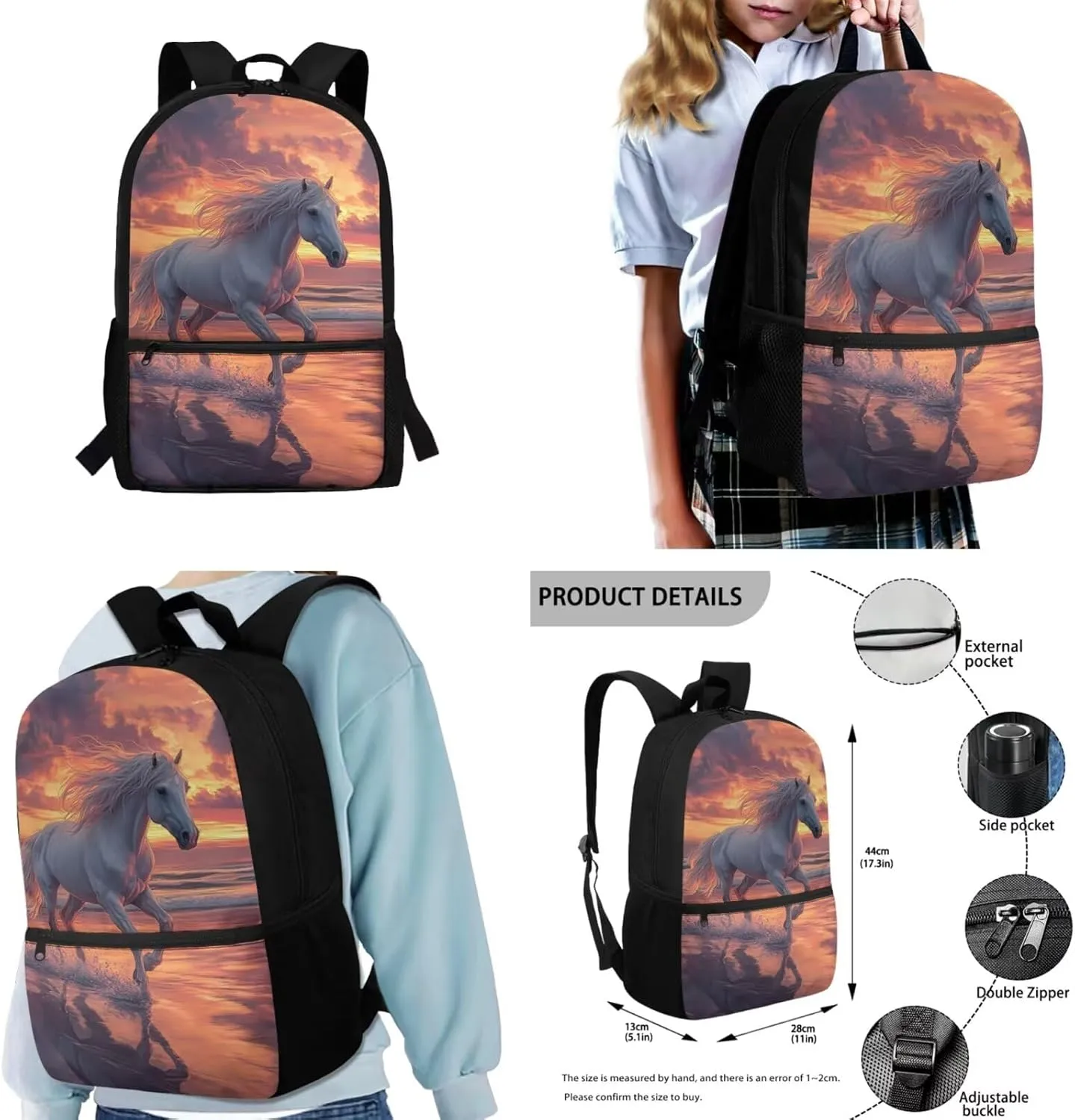 Gomyblomy Beach Horse Backpack for Girls 10-12 12-14 Large Capacity Bookbag for Girls with Lunch Box Pencil Case Water Bottle Sleeve 4 in1 Set for Elementary Middle School Bags for Teens