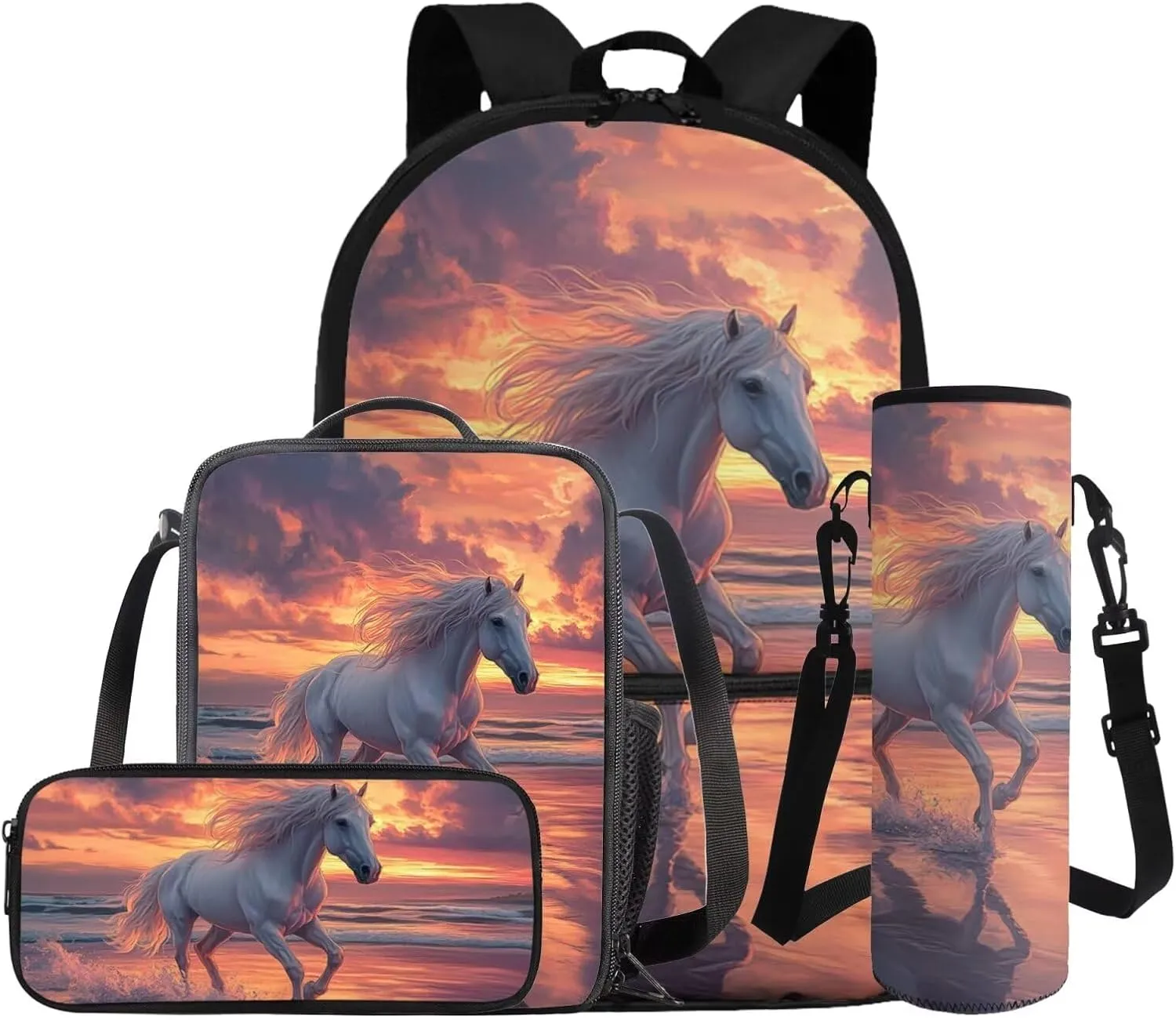 Gomyblomy Beach Horse Backpack for Girls 10-12 12-14 Large Capacity Bookbag for Girls with Lunch Box Pencil Case Water Bottle Sleeve 4 in1 Set for Elementary Middle School Bags for Teens
