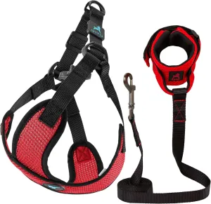 Gooby Comfort X Step in Lite Harness and Mesh Wristband Surfer Leash Set-Red, Large, 6 FT-Choke Free and Escape Free Harness with Breathable Mesh and Mesh Handsfree Leash for Small and Medium Dog