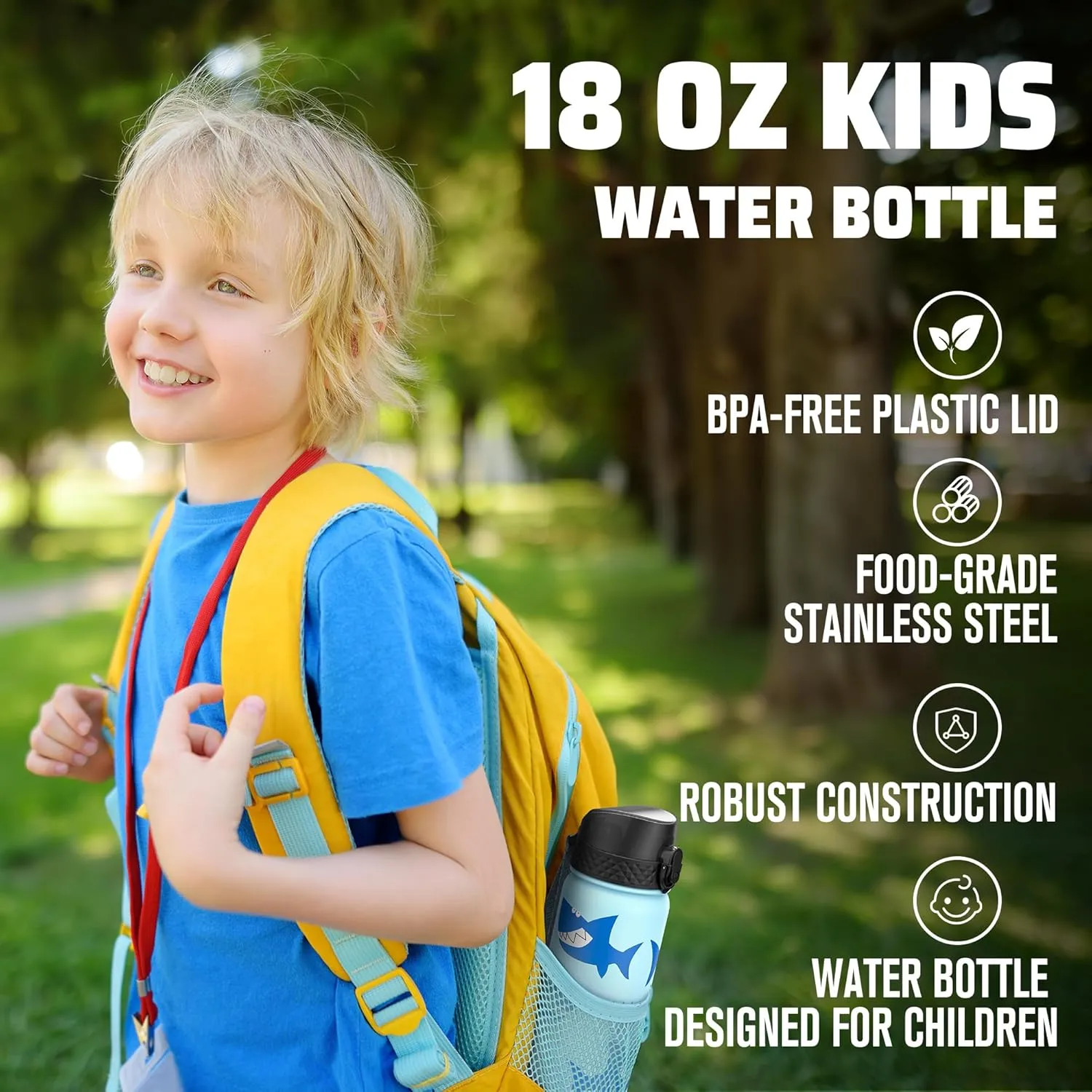 GOPPUS Kids Water Bottle (Straw Lid) - 18 Oz Stainless Steel Travel Bottle, Double Wall Vacuum Leak Proof Kids Cup for School Boys Girls,Iron Shark