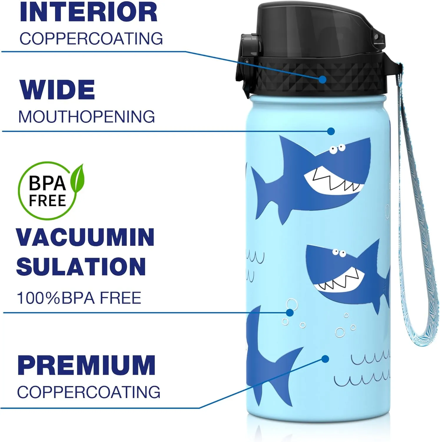 GOPPUS Kids Water Bottle (Straw Lid) - 18 Oz Stainless Steel Travel Bottle, Double Wall Vacuum Leak Proof Kids Cup for School Boys Girls,Iron Shark