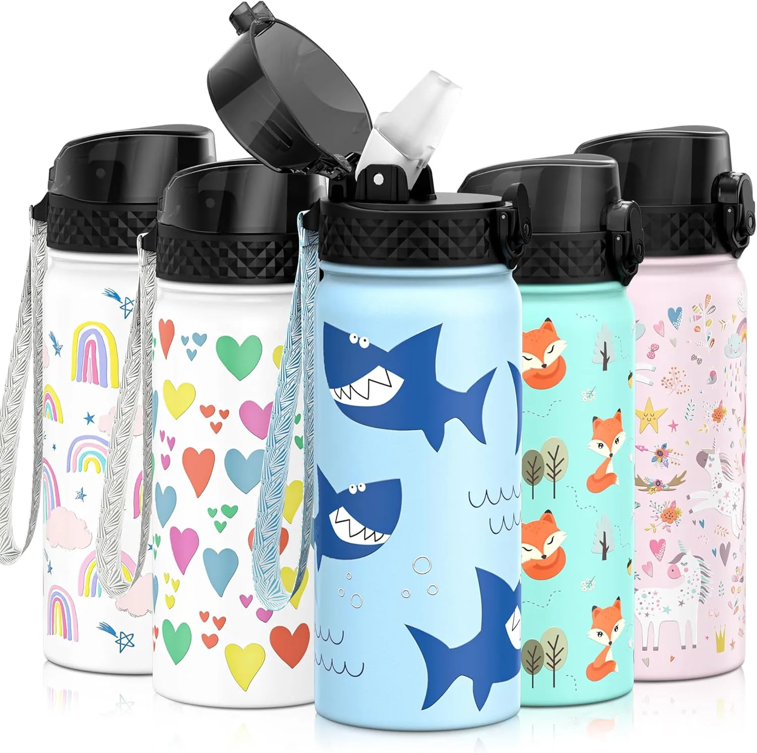 GOPPUS Kids Water Bottle (Straw Lid) - 18 Oz Stainless Steel Travel Bottle, Double Wall Vacuum Leak Proof Kids Cup for School Boys Girls,Iron Shark
