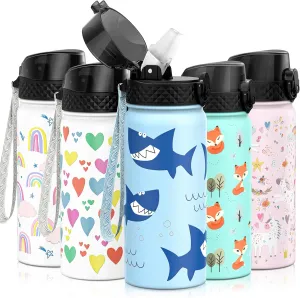 GOPPUS Kids Water Bottle (Straw Lid) - 18 Oz Stainless Steel Travel Bottle, Double Wall Vacuum Leak Proof Kids Cup for School Boys Girls,Iron Shark