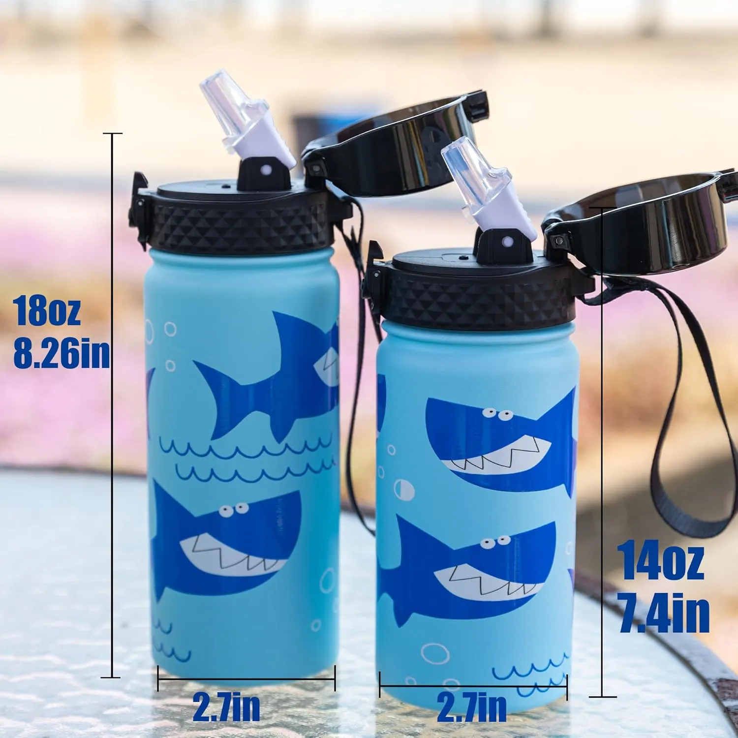 GOPPUS Kids Water Bottle (Straw Lid) - 18 Oz Stainless Steel Travel Bottle, Double Wall Vacuum Leak Proof Kids Cup for School Boys Girls,Iron Shark