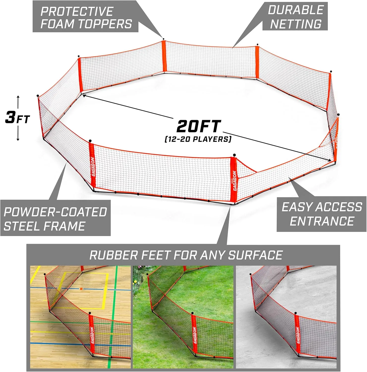 GoSports Gaga Ball Pit – 10 ft, 15 ft or 20 ft Portable Indoor/Outdoor Gagagon Pit for School, Camp or Home Use