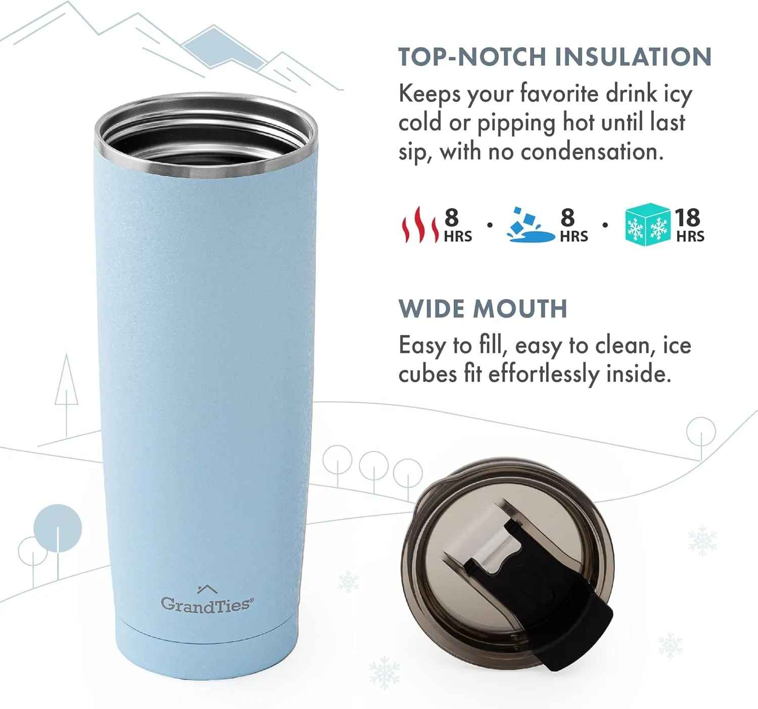 GRANDTIES Insulated Coffee Tumbler Cup w/Tritan Lid | Leak Proof, Reusable, Double Walled Vacuum Stainless Steel Travel Mug | Thermal Cups for Hot and Cold Drinks | 20oz | Glacier Lake, Snowy Texture