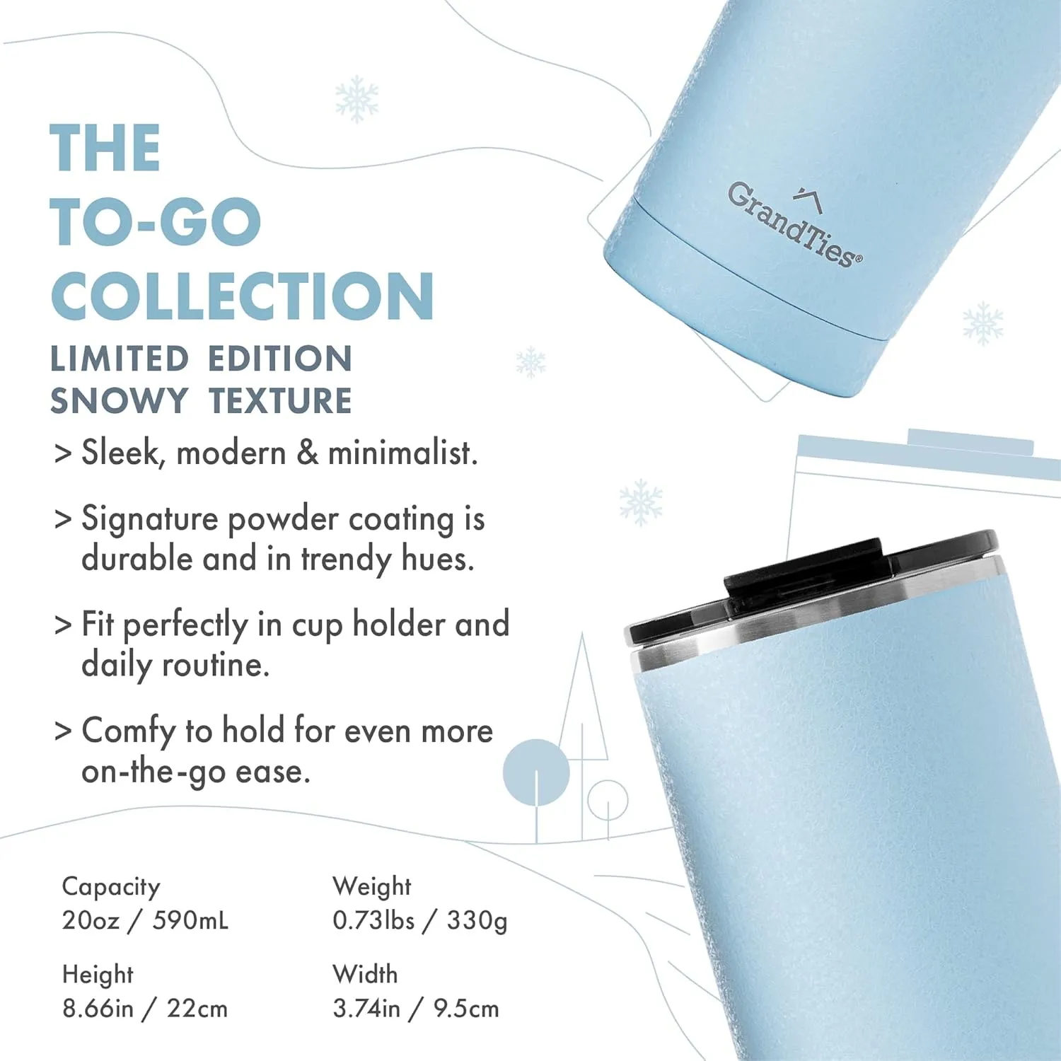 GRANDTIES Insulated Coffee Tumbler Cup w/Tritan Lid | Leak Proof, Reusable, Double Walled Vacuum Stainless Steel Travel Mug | Thermal Cups for Hot and Cold Drinks | 20oz | Glacier Lake, Snowy Texture