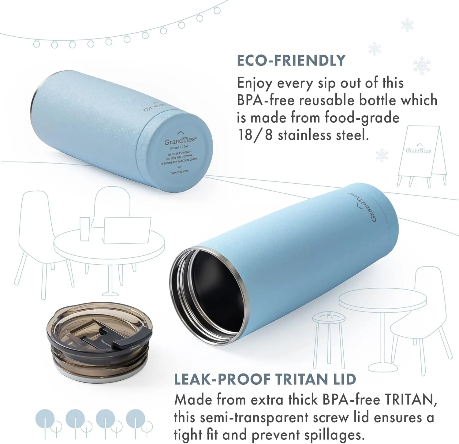 GRANDTIES Insulated Coffee Tumbler Cup w/Tritan Lid | Leak Proof, Reusable, Double Walled Vacuum Stainless Steel Travel Mug | Thermal Cups for Hot and Cold Drinks | 20oz | Glacier Lake, Snowy Texture