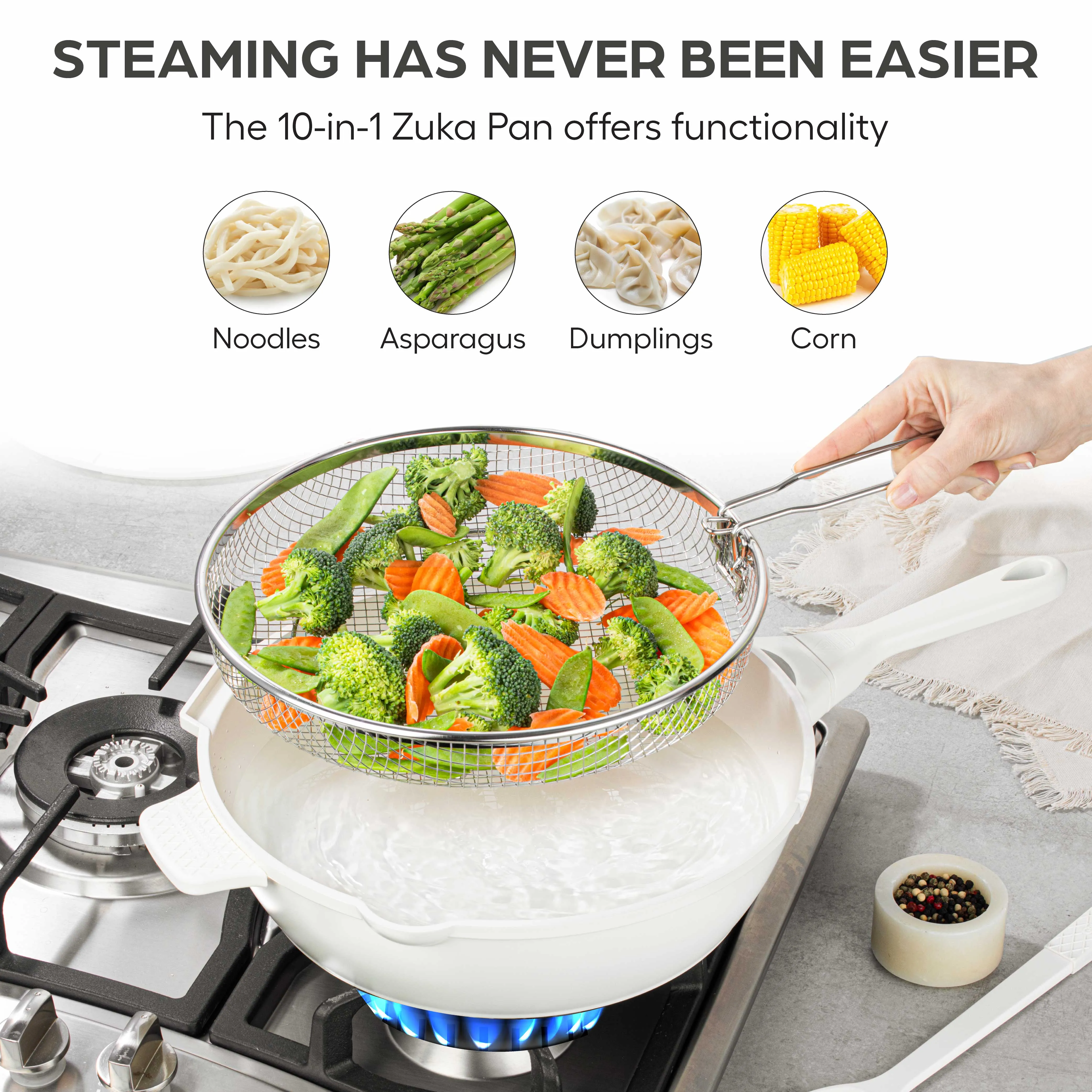Granitestone 10" Zuka Pan – 6-Piece Multi-Functional Everyday Pan Set with Lid, Nylon Spoon & Steamer Basket
