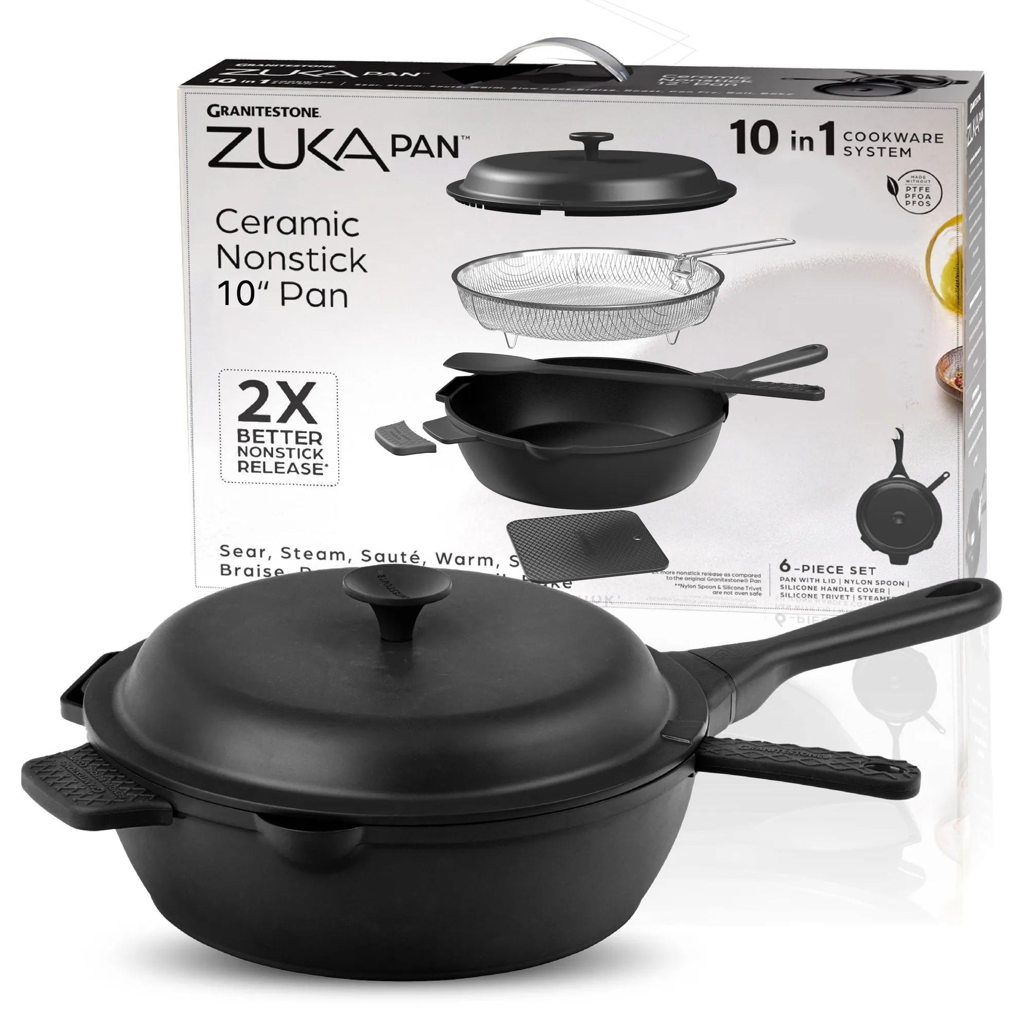 Granitestone 10" Zuka Pan – 6-Piece Multi-Functional Everyday Pan Set with Lid, Nylon Spoon & Steamer Basket