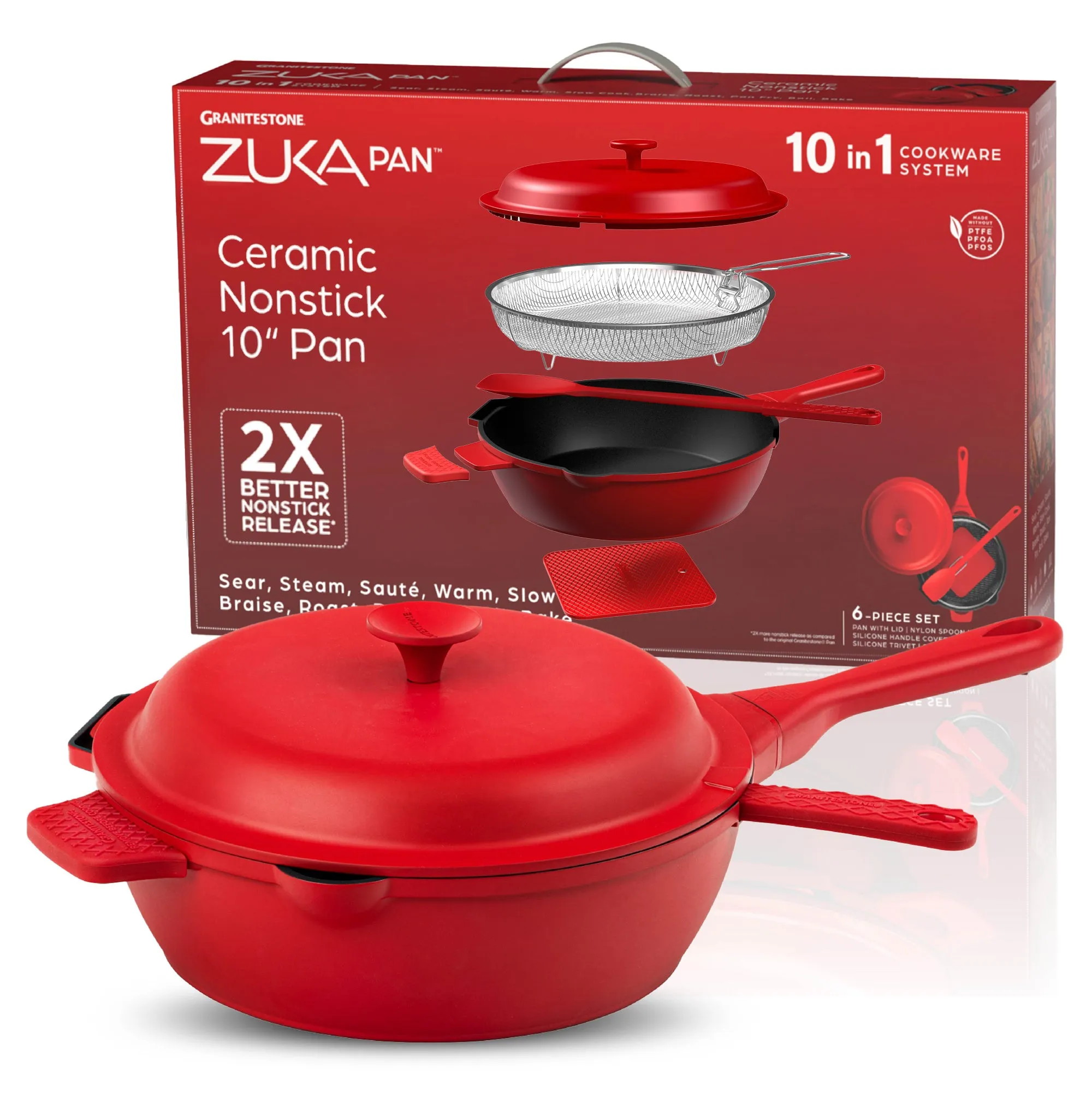 Granitestone 10" Zuka Pan – 6-Piece Multi-Functional Everyday Pan Set with Lid, Nylon Spoon & Steamer Basket