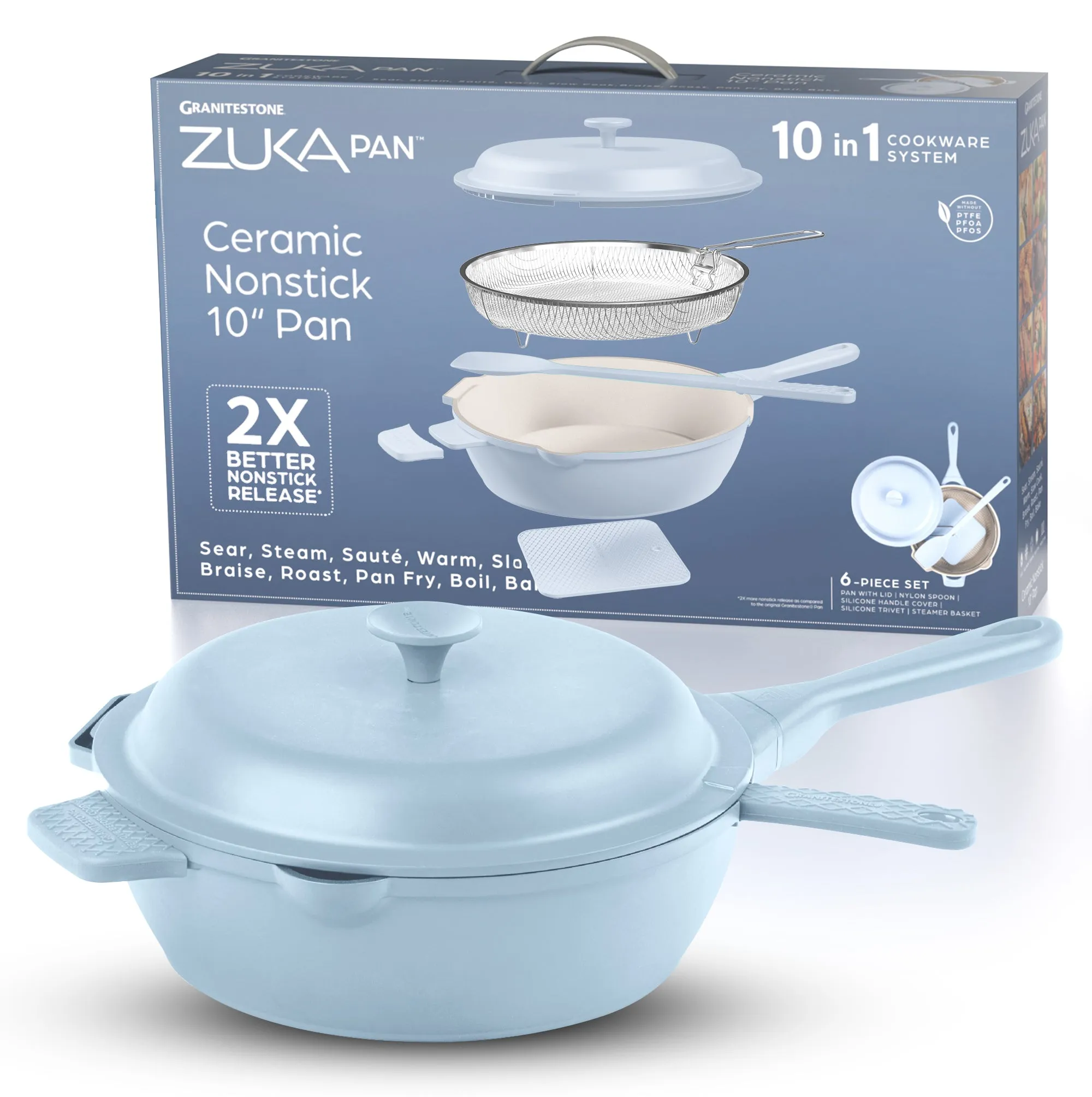 Granitestone 10" Zuka Pan – 6-Piece Multi-Functional Everyday Pan Set with Lid, Nylon Spoon & Steamer Basket