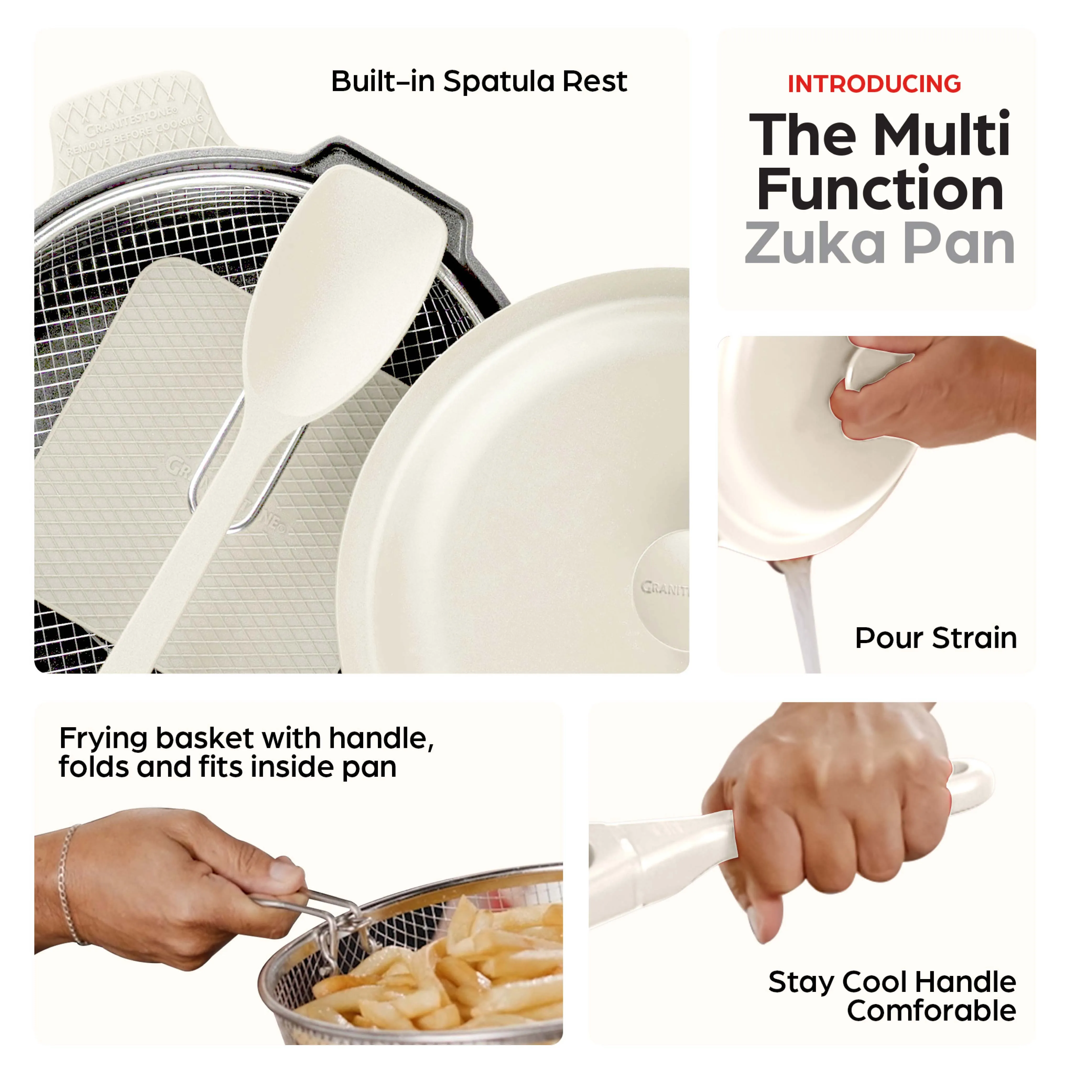 Granitestone 10" Zuka Pan – 6-Piece Multi-Functional Everyday Pan Set with Lid, Nylon Spoon & Steamer Basket