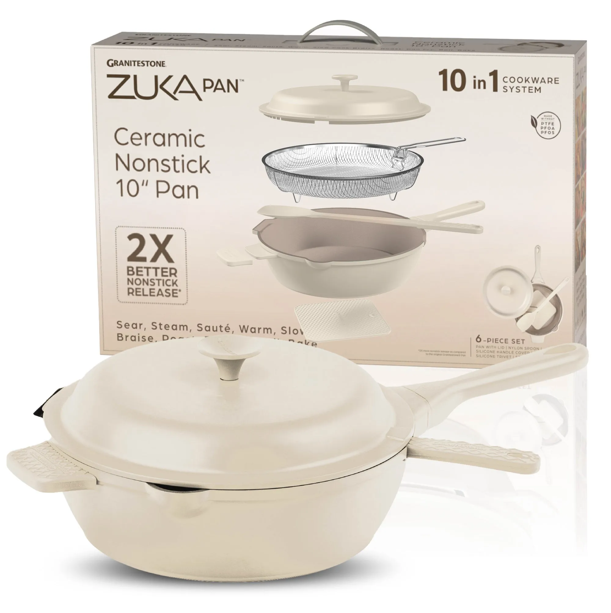 Granitestone 10" Zuka Pan – 6-Piece Multi-Functional Everyday Pan Set with Lid, Nylon Spoon & Steamer Basket