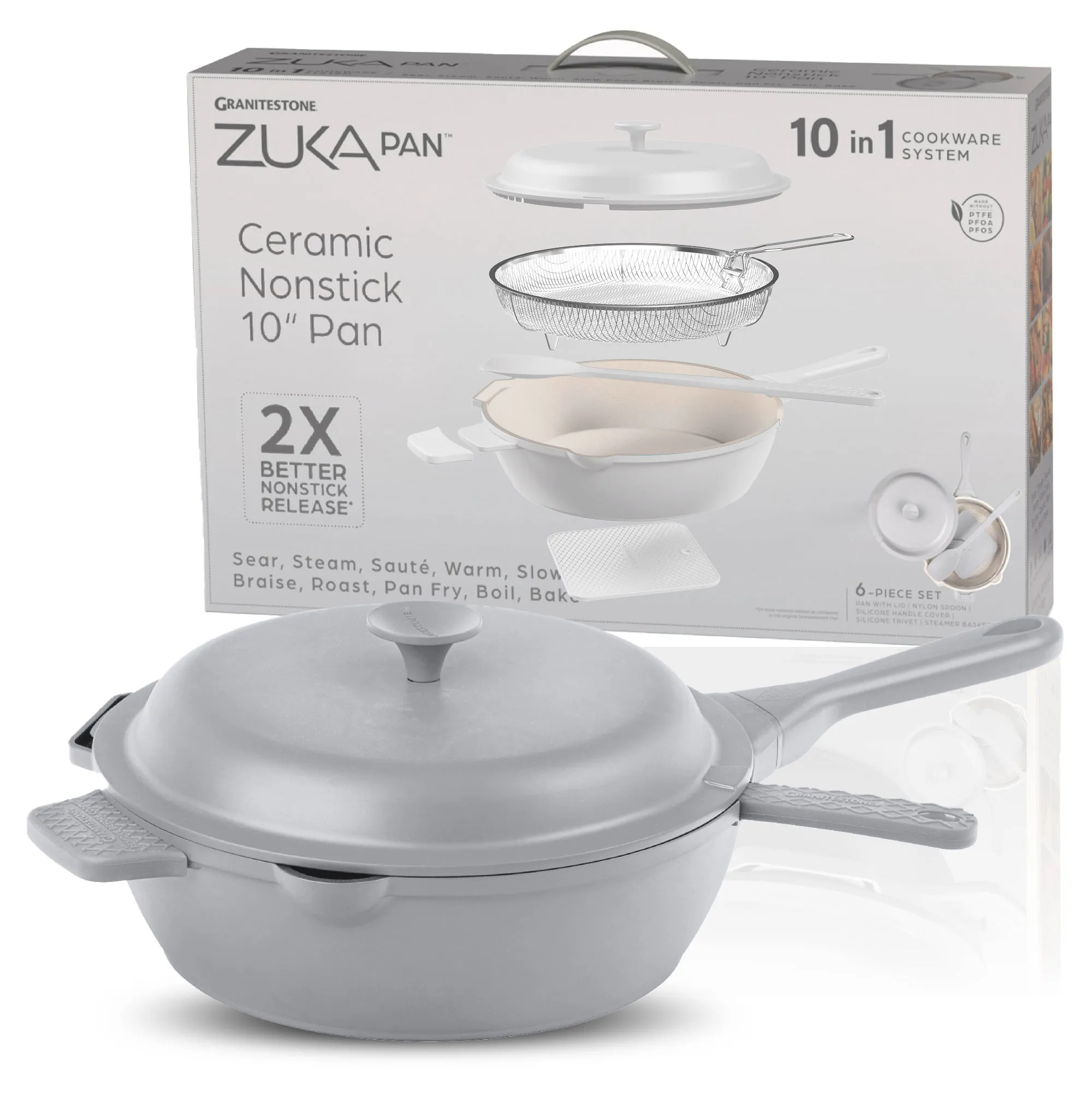 Granitestone 10" Zuka Pan – 6-Piece Multi-Functional Everyday Pan Set with Lid, Nylon Spoon & Steamer Basket