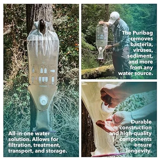 Gravity Water Filter - Portable Water Filtration System and Backpacking Filter for Camping, Hiking and Emergency Treatment - 2.5 Gallon Bag - Hangs Anywhere