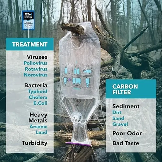 Gravity Water Filter - Portable Water Filtration System and Backpacking Filter for Camping, Hiking and Emergency Treatment - 2.5 Gallon Bag - Hangs Anywhere