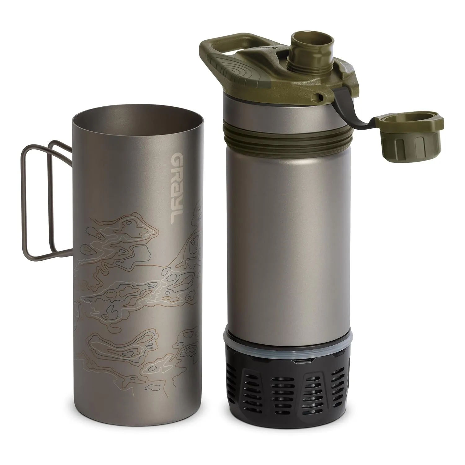 GRAYL GeoPress Titanium 24 oz Water Purifier Bottle - Filter for Hiking, Camping, Survival, Travel (Olive Drab)