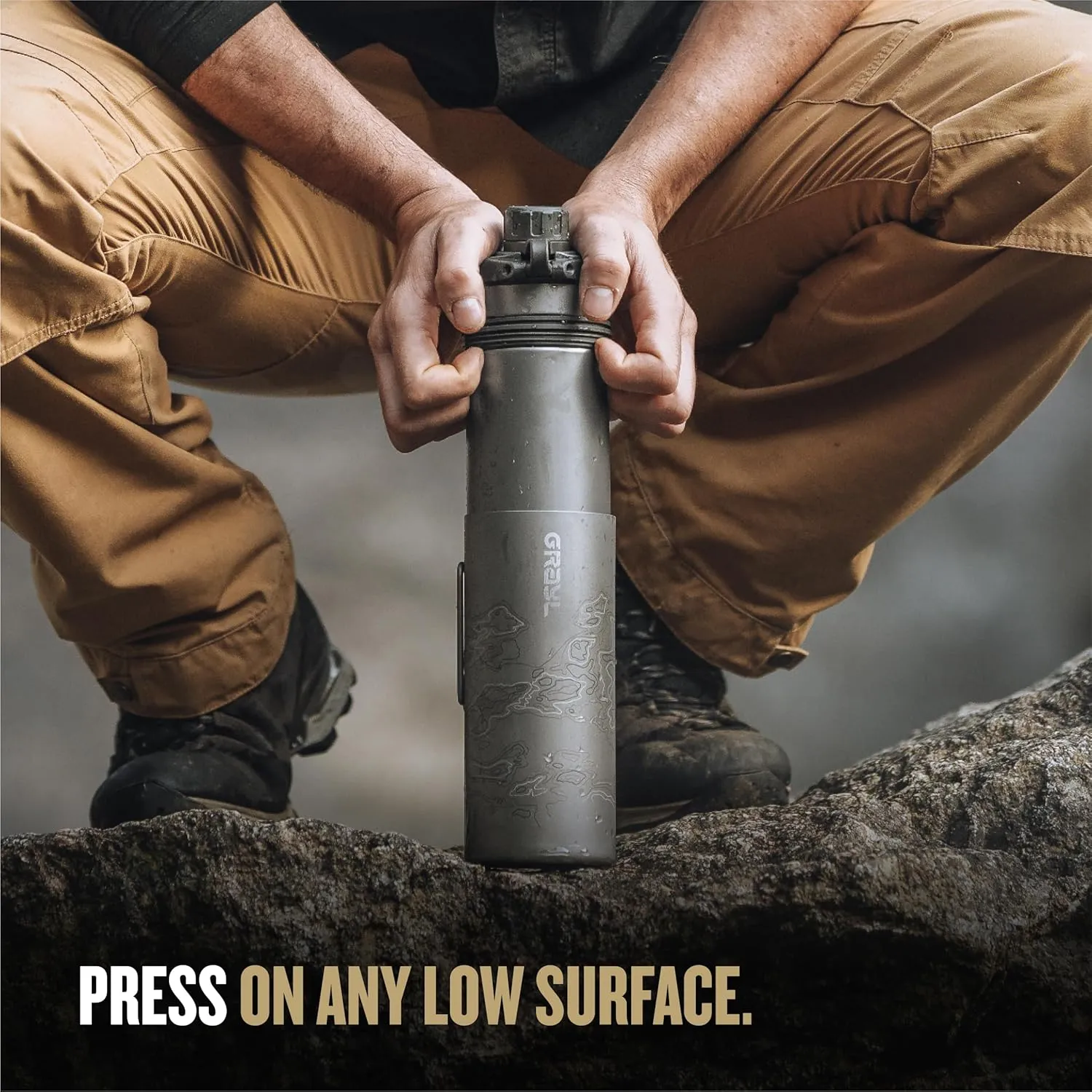 GRAYL GeoPress Titanium 24 oz Water Purifier Bottle - Filter for Hiking, Camping, Survival, Travel (Olive Drab)