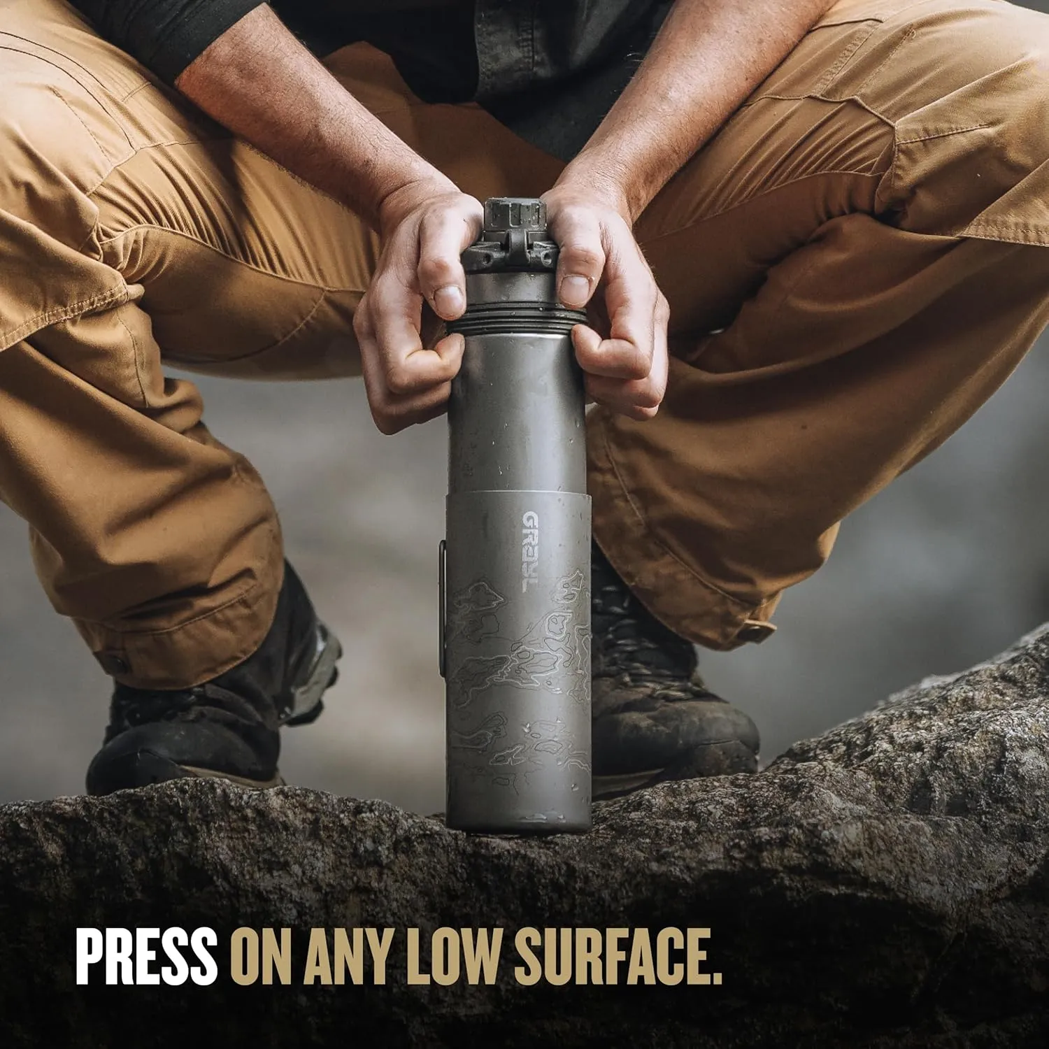 GRAYL GeoPress Titanium 24 oz Water Purifier Bottle with Cooking Lid - Filter for Hiking, Camping, Survival, Travel (Coyote Brown)