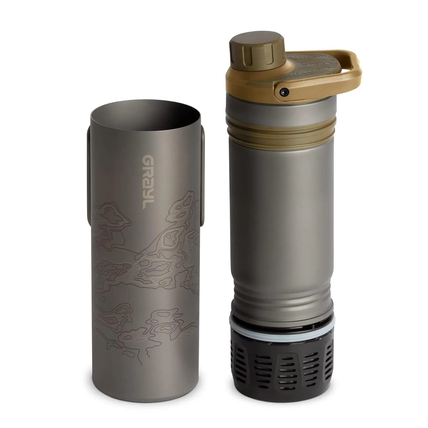 GRAYL UltraPress Titanium 16.9 oz Water Purifier & Filter Bottle for Hiking, Backpacking, Survival, Bushcraft, Travel (Coyote Brown)