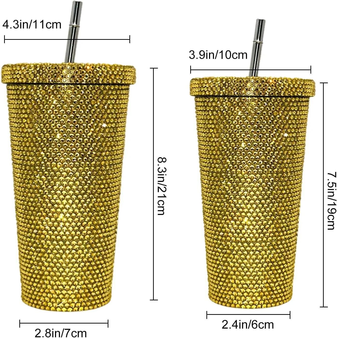 Grebest Customized Thermal Cup for Women Brilliant Rhinestones Drinkware Stainless Steel Insulated Tumbler with Lid Straw Sparkling Water Bottle Golden 500ML
