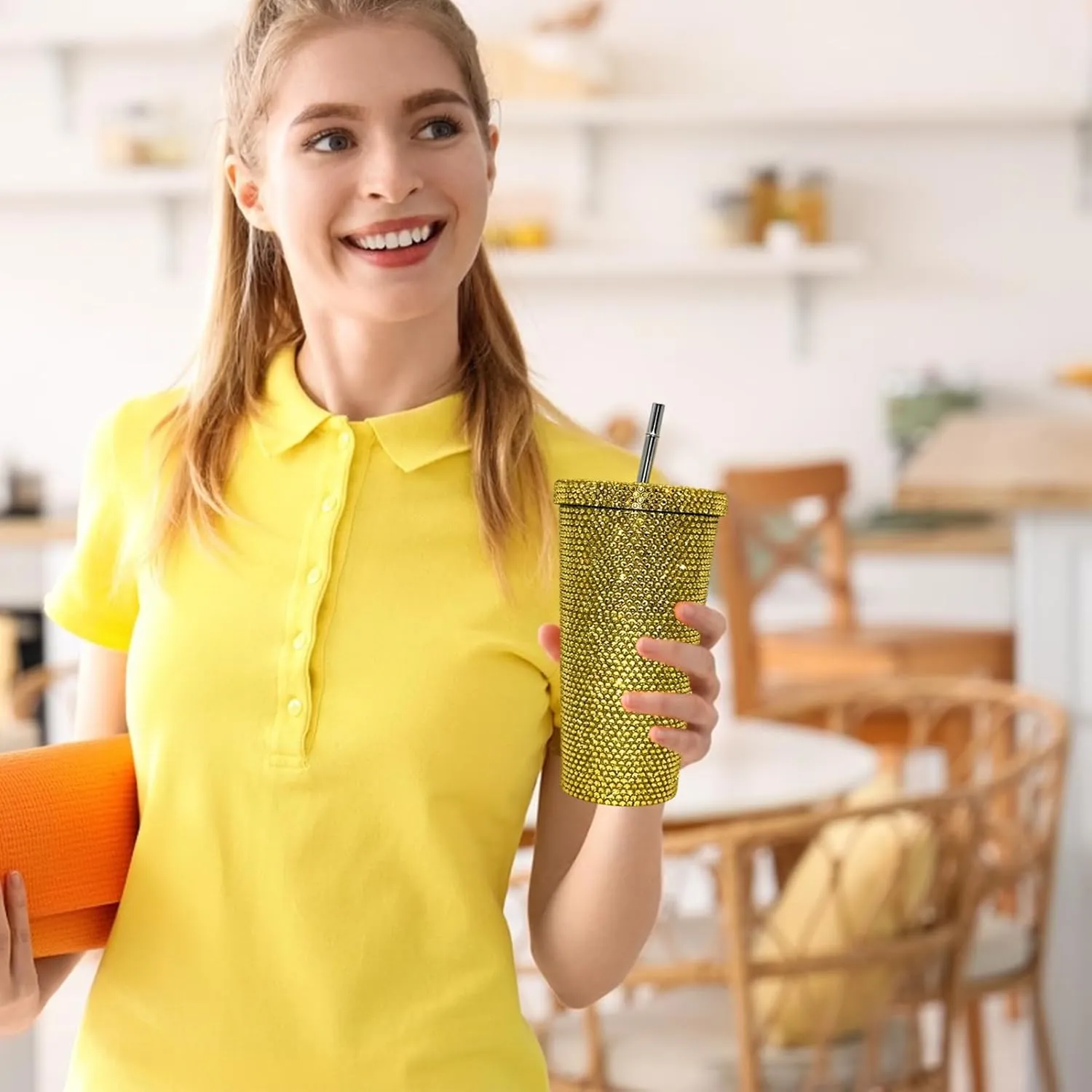 Grebest Customized Thermal Cup for Women Brilliant Rhinestones Drinkware Stainless Steel Insulated Tumbler with Lid Straw Sparkling Water Bottle Golden 500ML