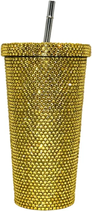Grebest Customized Thermal Cup for Women Brilliant Rhinestones Drinkware Stainless Steel Insulated Tumbler with Lid Straw Sparkling Water Bottle Golden 500ML