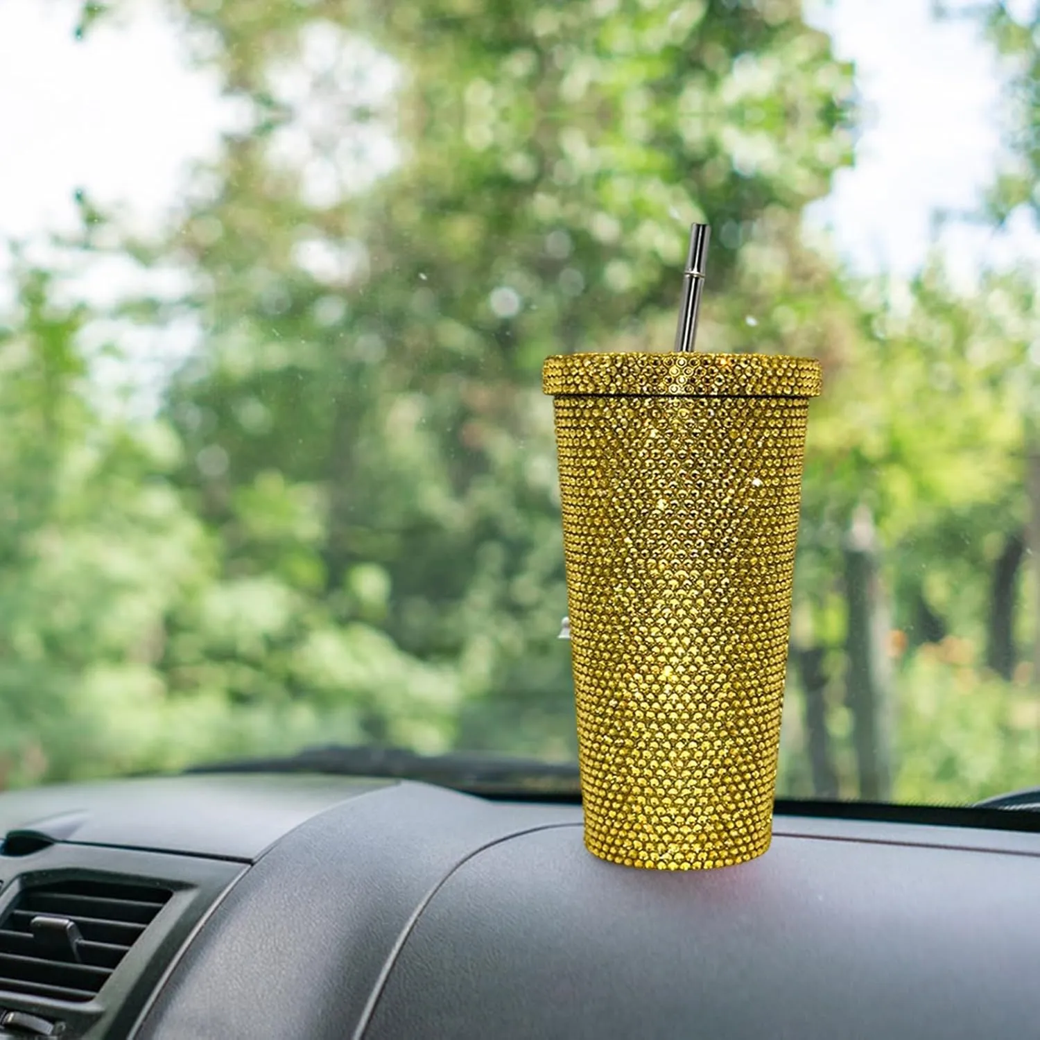 Grebest Customized Thermal Cup for Women Brilliant Rhinestones Drinkware Stainless Steel Insulated Tumbler with Lid Straw Sparkling Water Bottle Golden 500ML