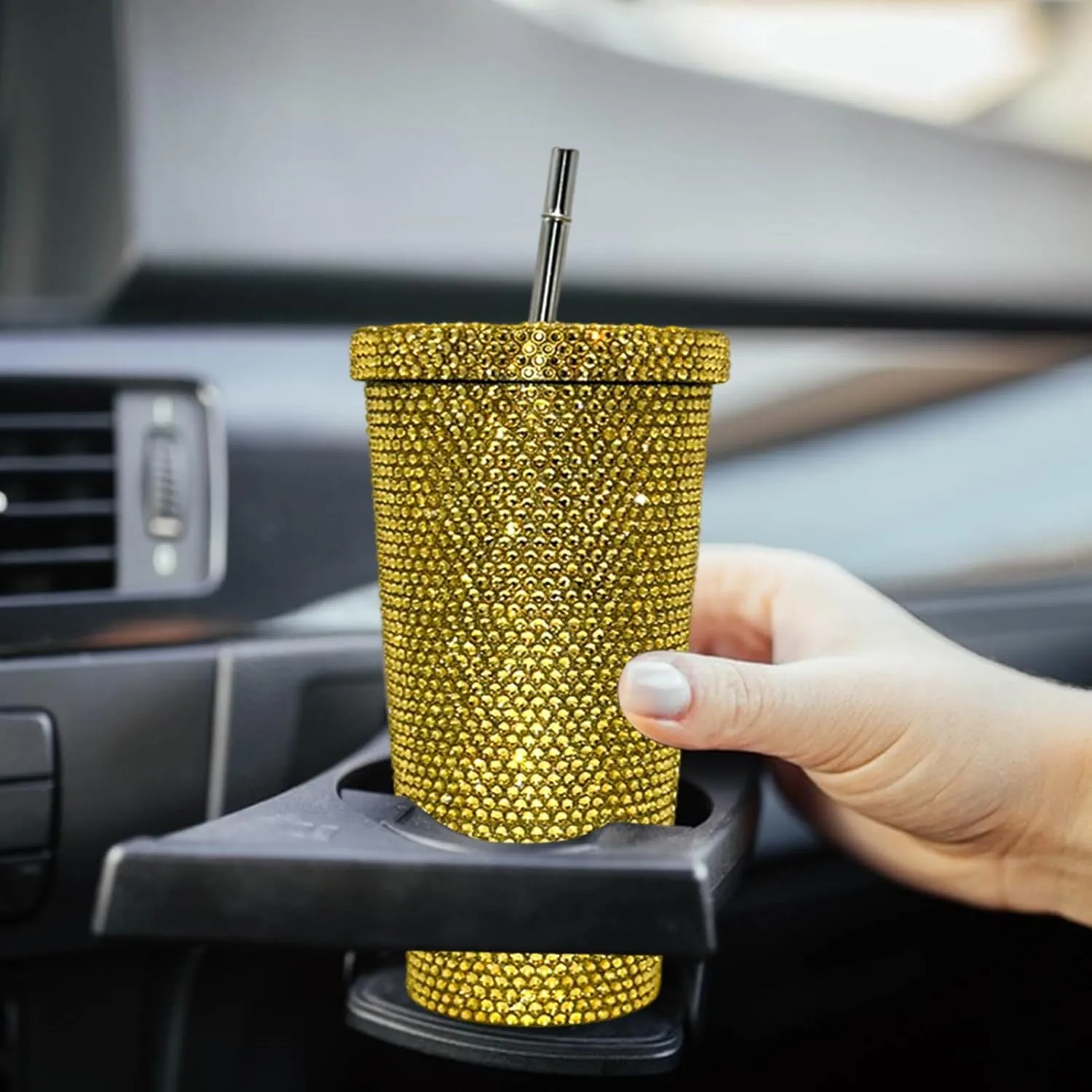 Grebest Customized Thermal Cup for Women Brilliant Rhinestones Drinkware Stainless Steel Insulated Tumbler with Lid Straw Sparkling Water Bottle Golden 500ML